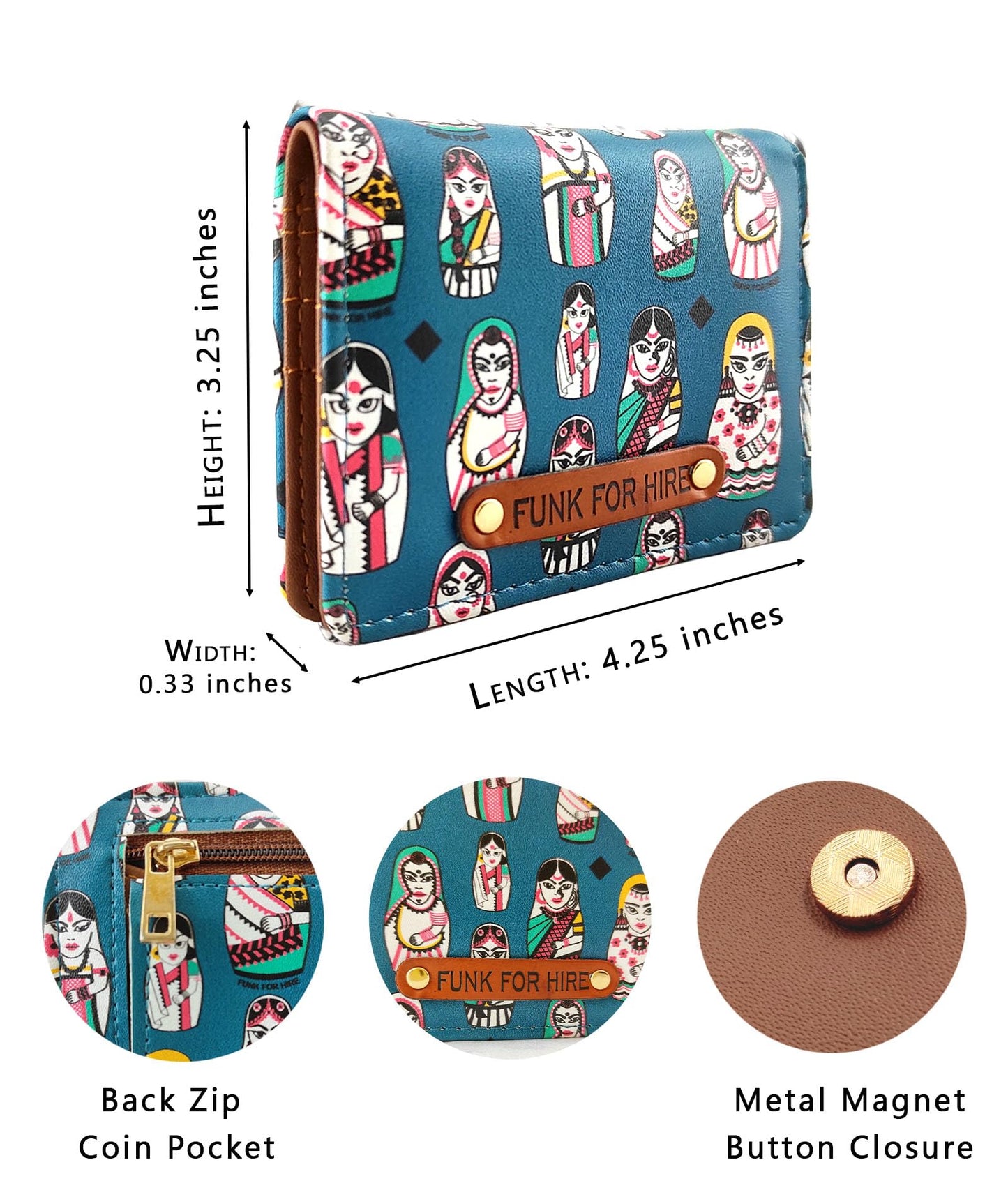 Funk For Hire Unisex Vegan Leather Small Card Wallet Teal Mini Bifold Wallet with 6 Card Slots Cash Compartment & Zipper Coin Pouch Compact Lightweight Durable Faux Leather