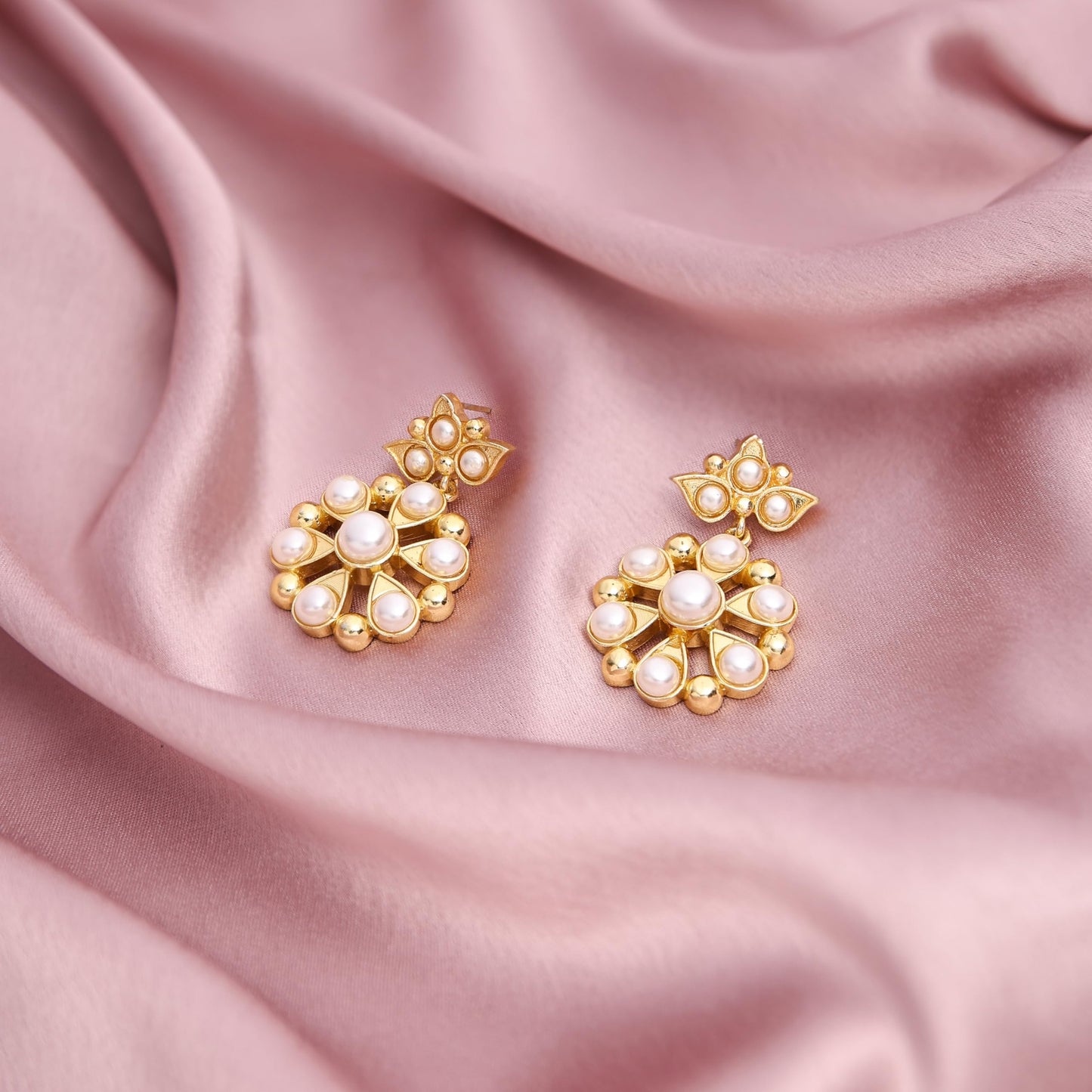Jiaara Gold plated pearl studded floral drop Earrings for women