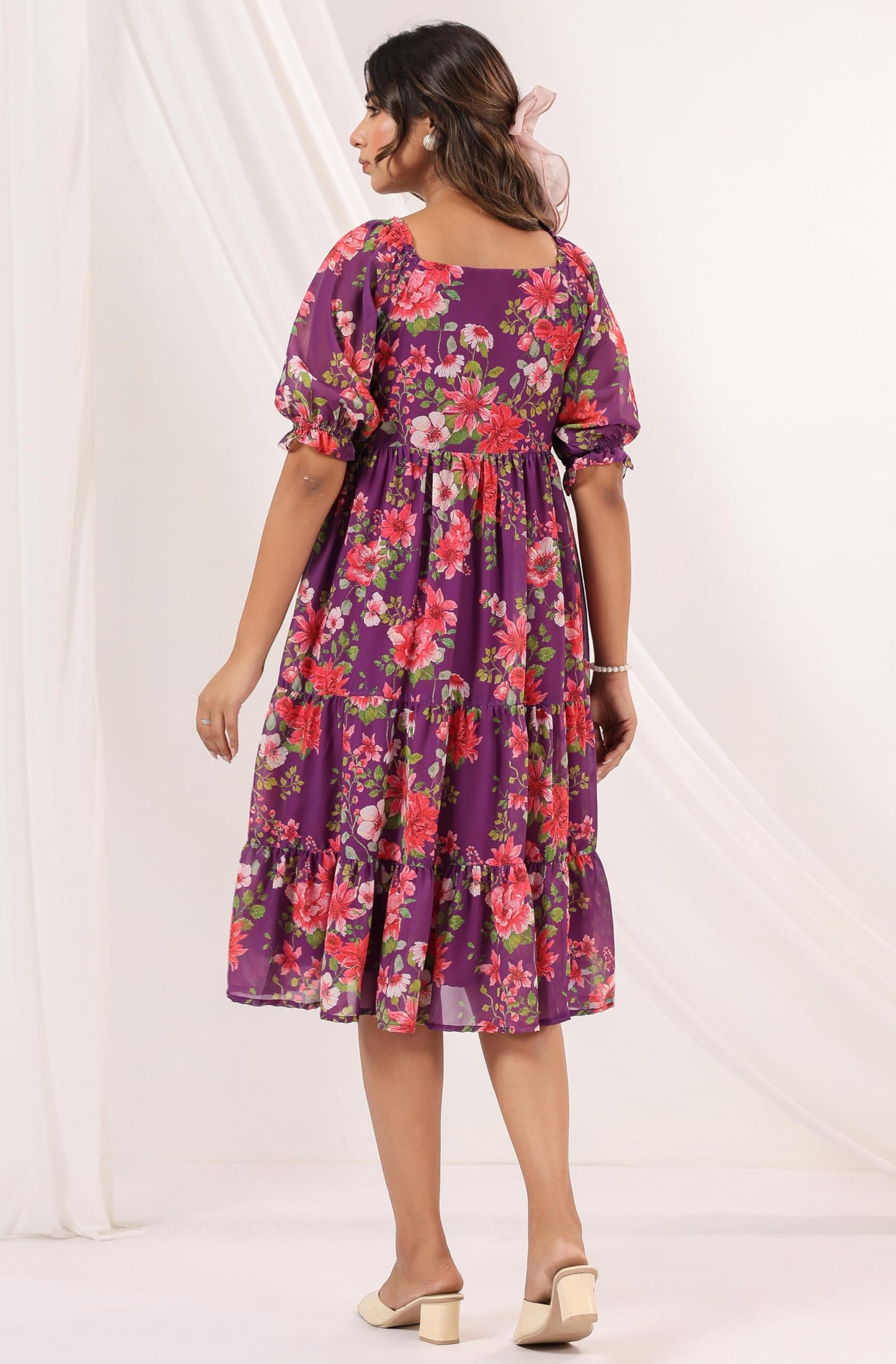 Janasya Women's Purple Georgette Floral Printed Tiered Dress (JAC24DR01628-L)