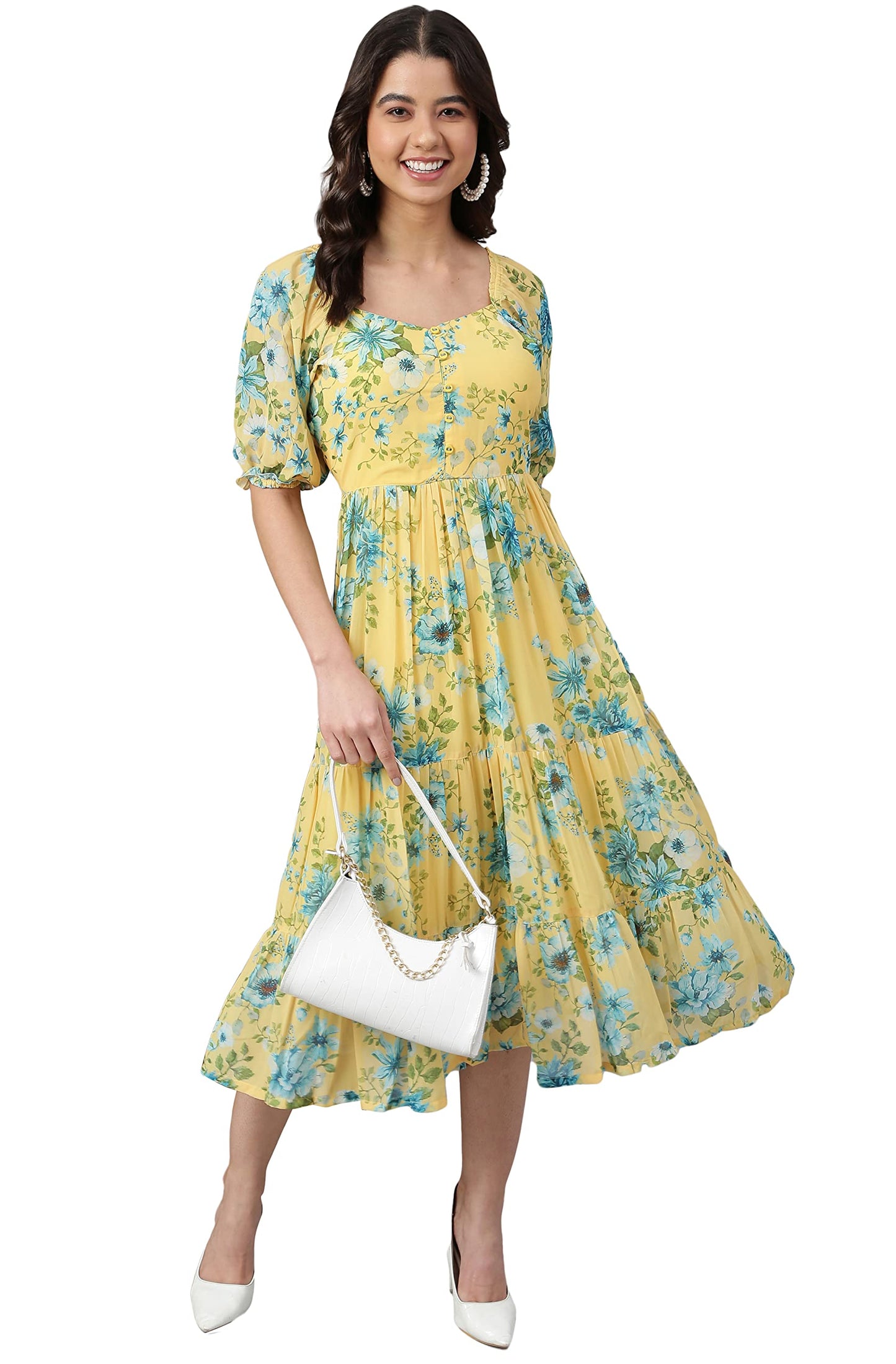 Janasya Women's Yellow Georgette Floral Printed Flared Western Dress(J0433-DR-J-S)