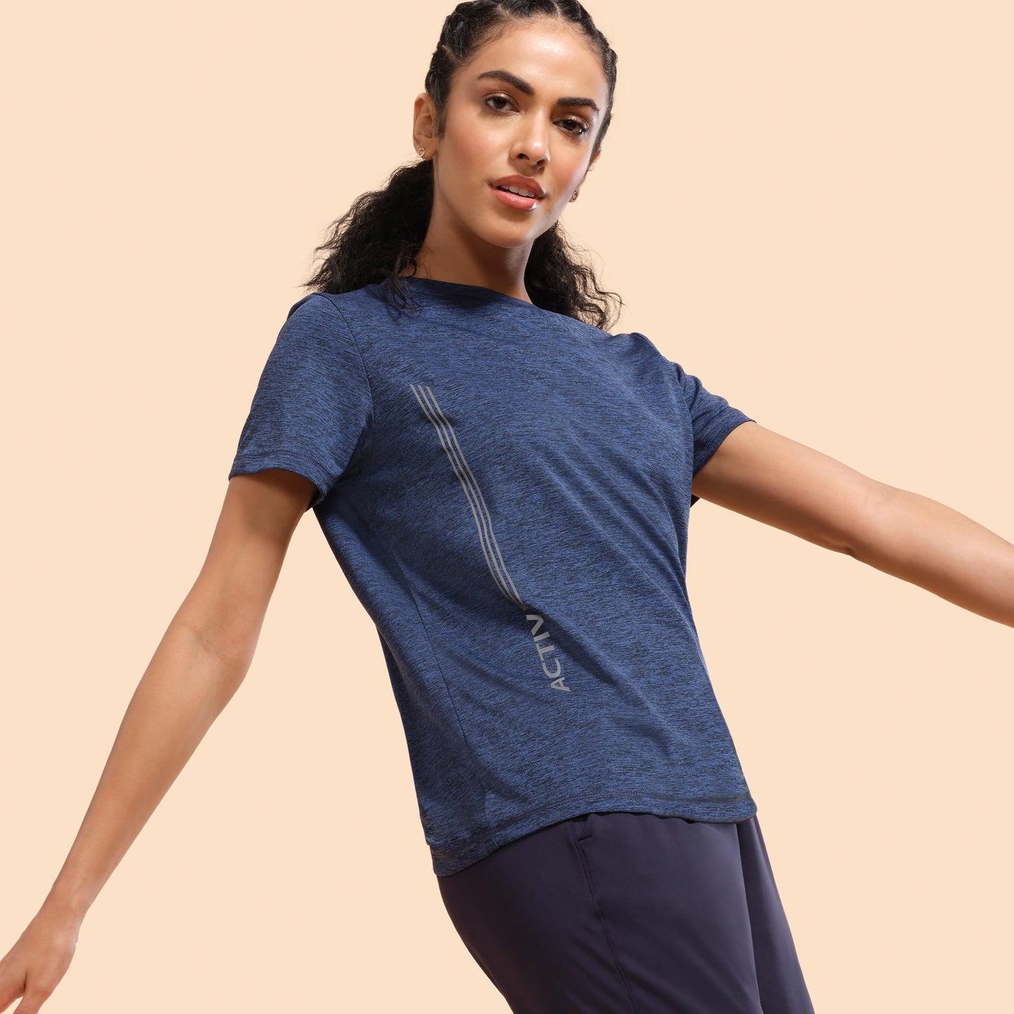 Enamor Women's Polyester Letter Print Relaxed Fit T-Shirt (A309_Navy Melange-Active Reflective, Large