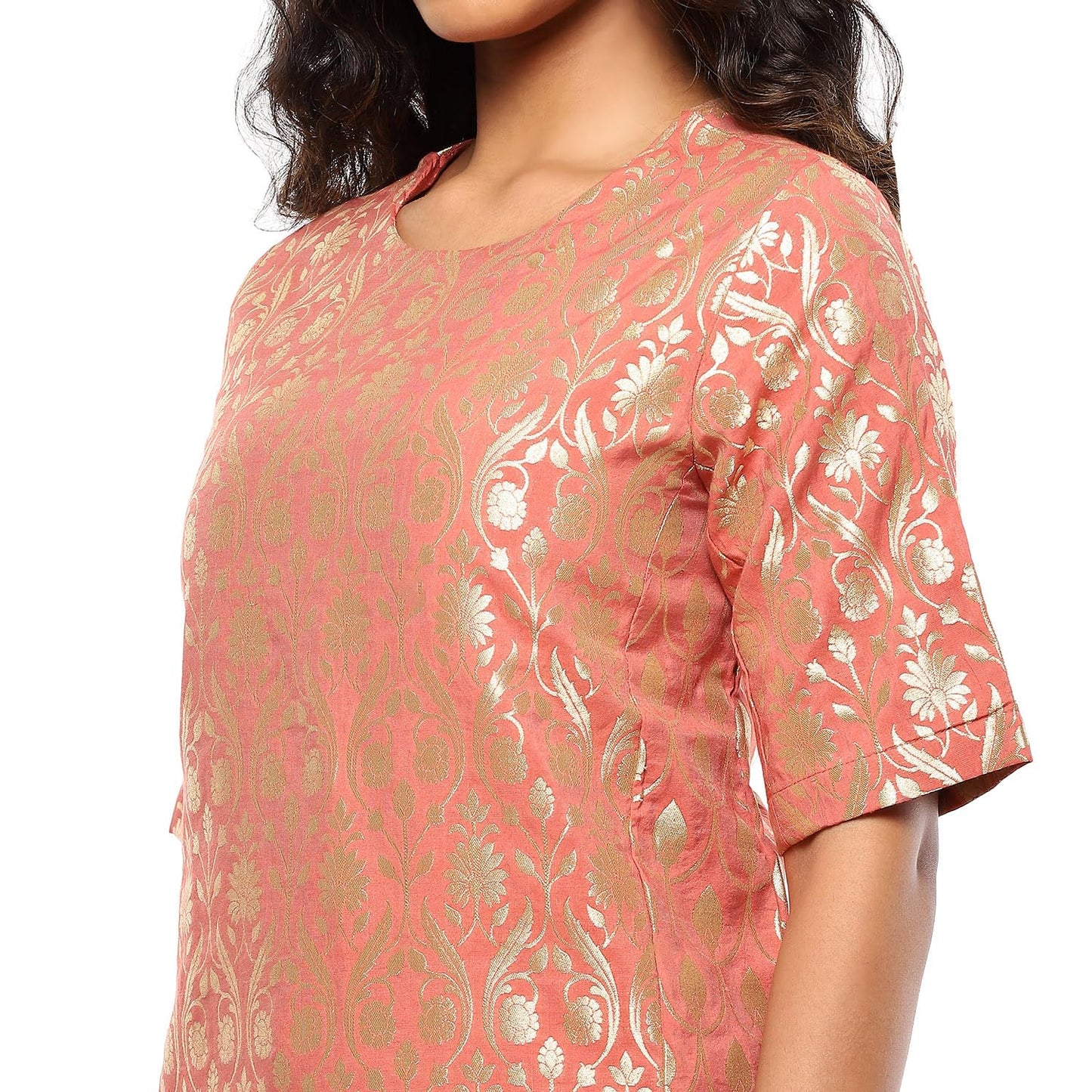 BIBA Women's Jacquard Kurta Sets (FEST2752AW24PCH_Peach