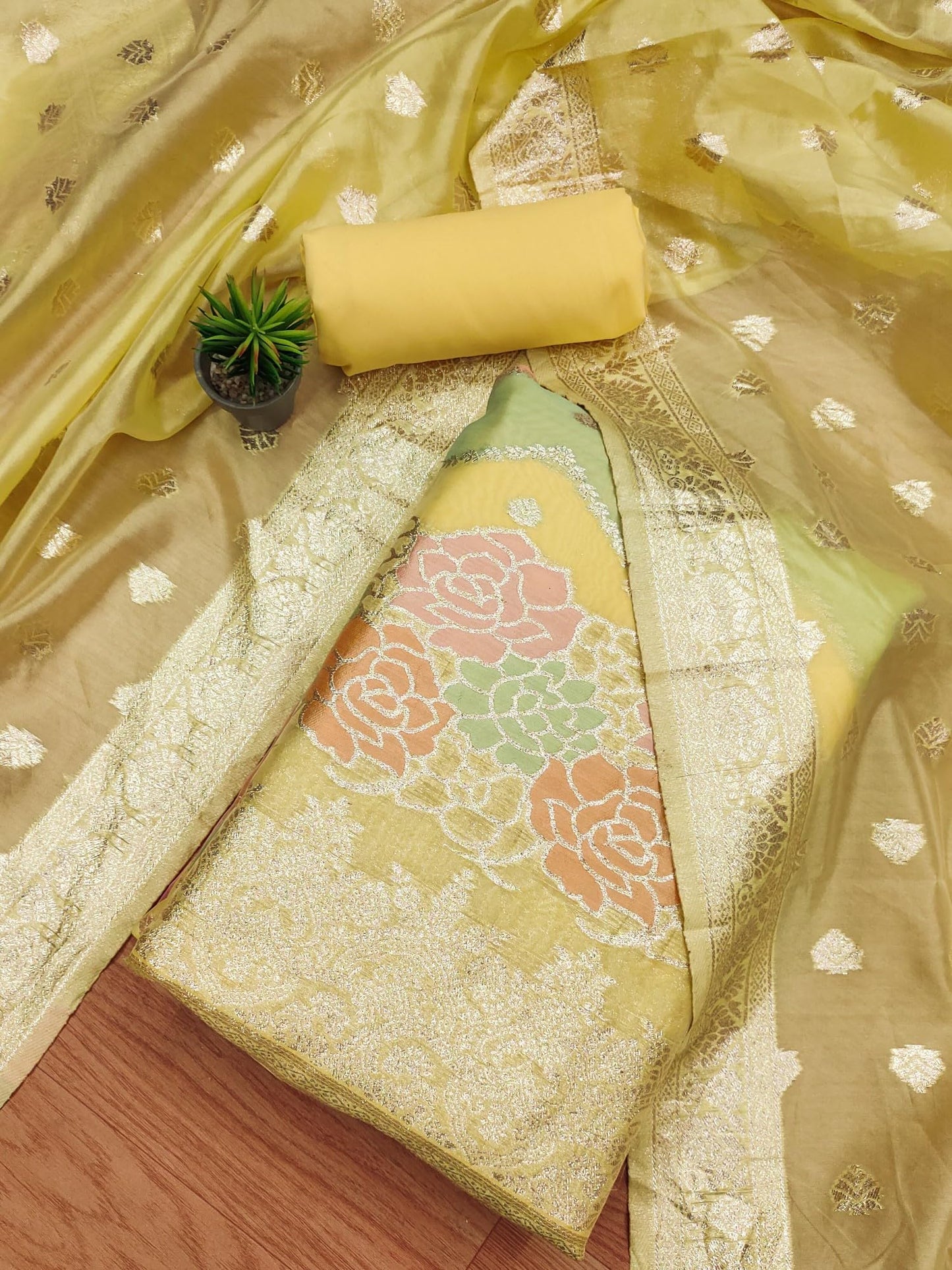 Leeli Peeri Designer Women's Yellow Organza Zari Woven Chevron Design Unstitched Dress Material(807PDM3)