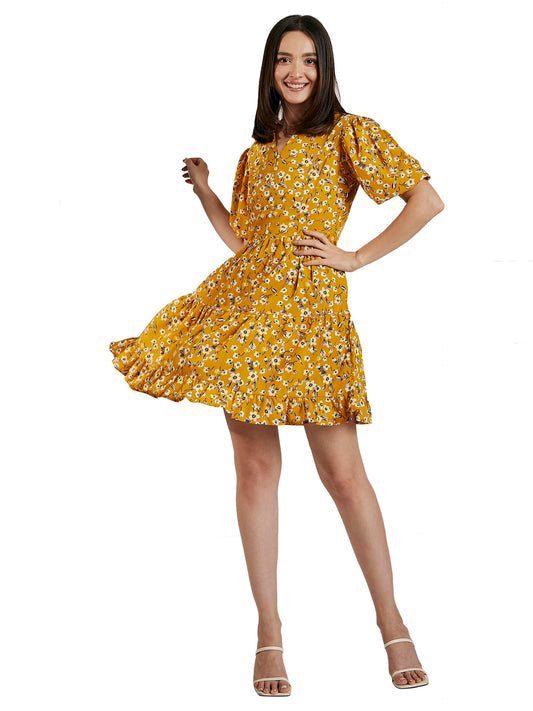 Carlton London Women's Crepe Fit and Flare Above The Knee Casual Dress (CL718_Mustard_M)
