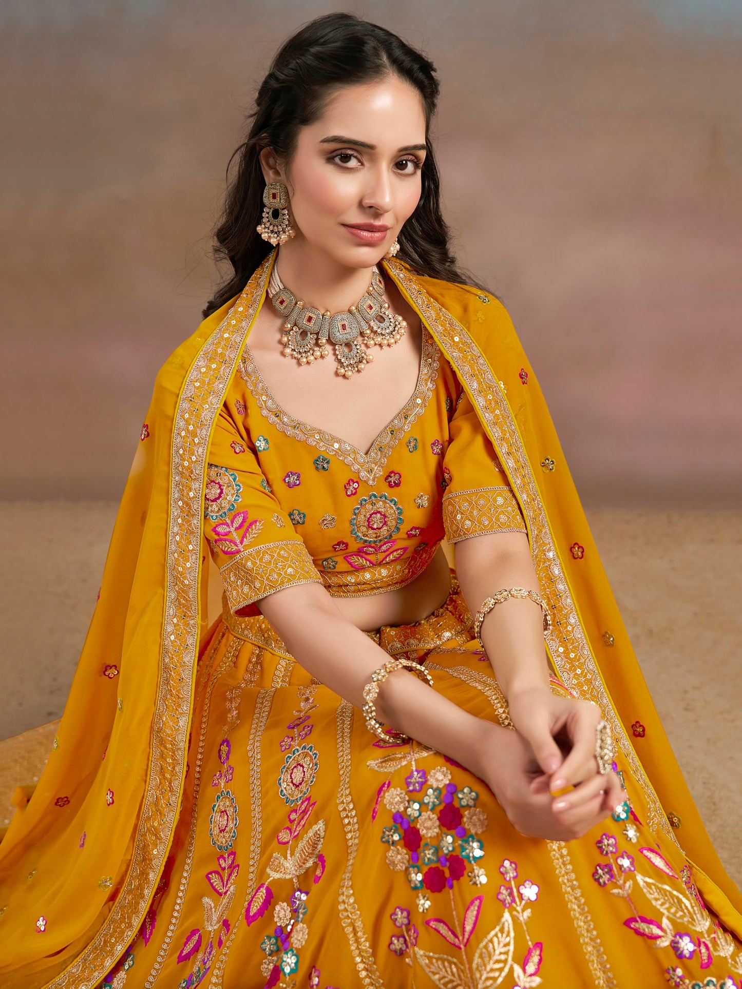 Zeel Clothing Women's Sequins Thread Embroidered Georgette Lehenga Choli With Dupatta (6008-Yellow-Women-Lehenga-Choli-New; Free Size)(Yellow)