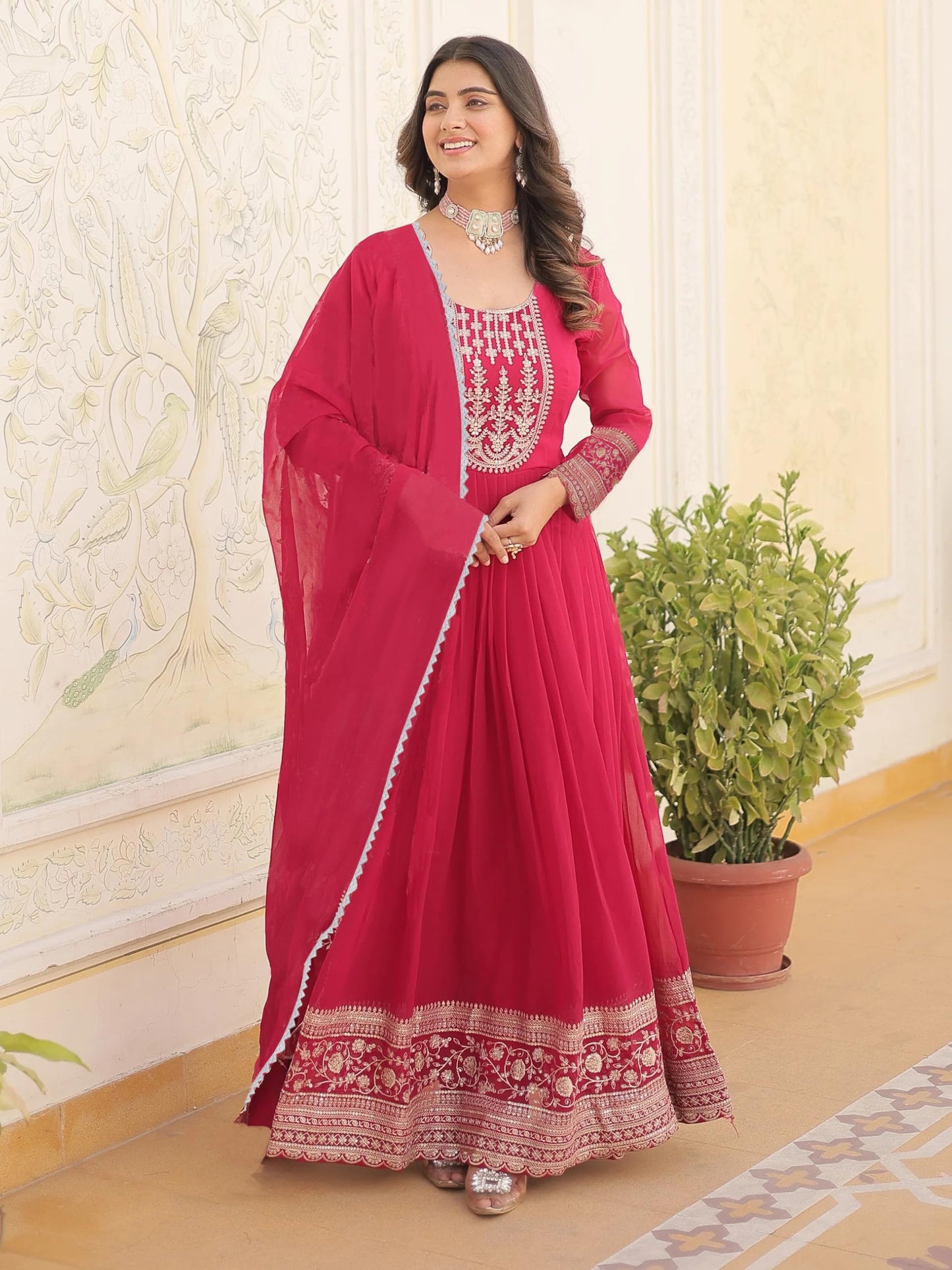 Leeli Peeri Designer Women's Georgette Embroidery Red Ready to Wear Gown with Dupatta