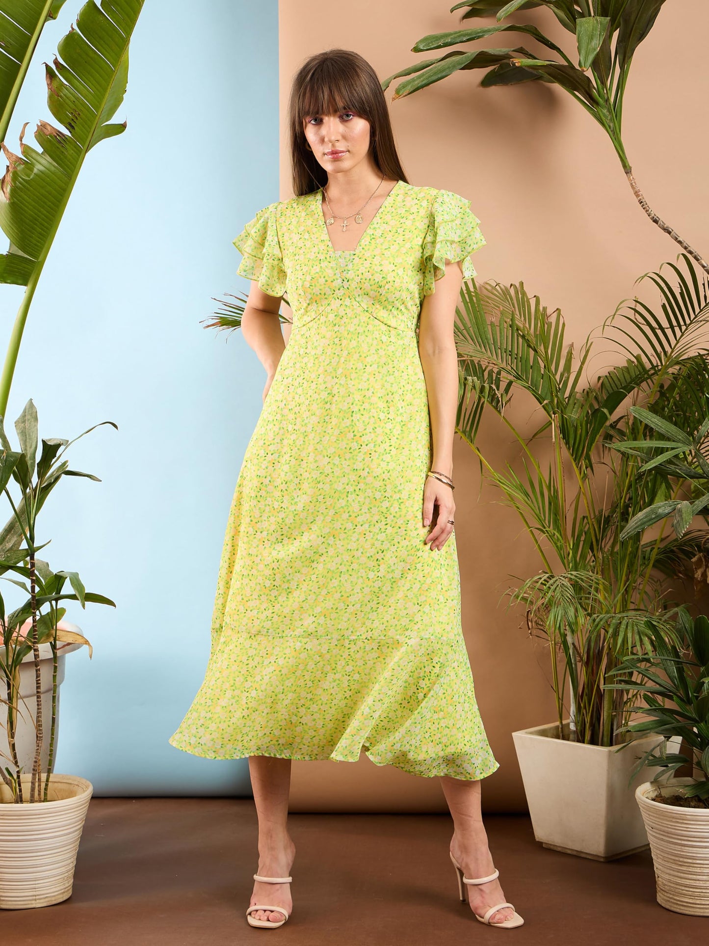 SASSAFRAS Women's Georgette Midi Dress Below The Knee SFDRSS12212 Yellow