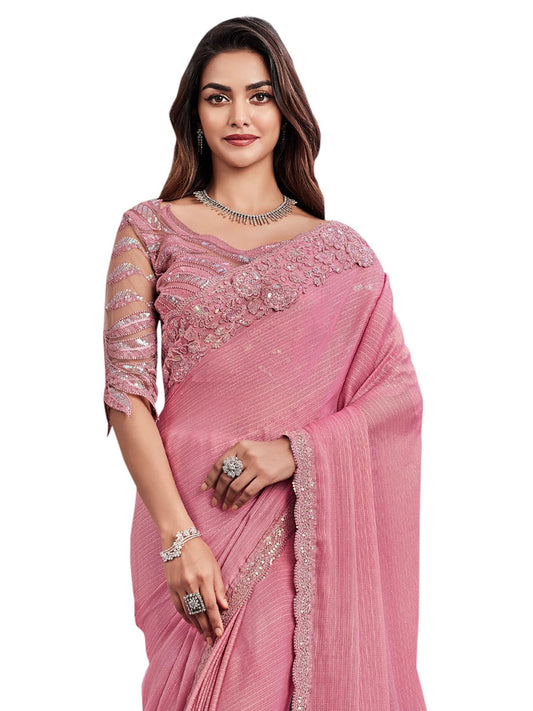 AKHILAM Women's Georgette Embellished Saree With Unstitched Blouse Piece(Pink_SILVER29003_TFH)