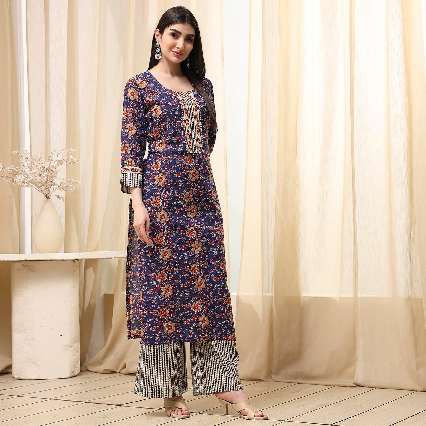 BIBA Women Blue Cotton Screen Print Unstitched Suit Set_FREE SIZE