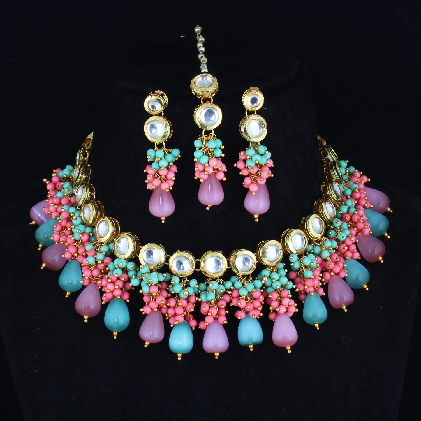 Lucky Jewellery Back Meenakari 18k Gold Plated Multicolor Tika Earring Combo Jewellery Set Uncut Kundan Big Faux Kundan Dibbi Kundan Choker Necklace Set for Girl's & Women