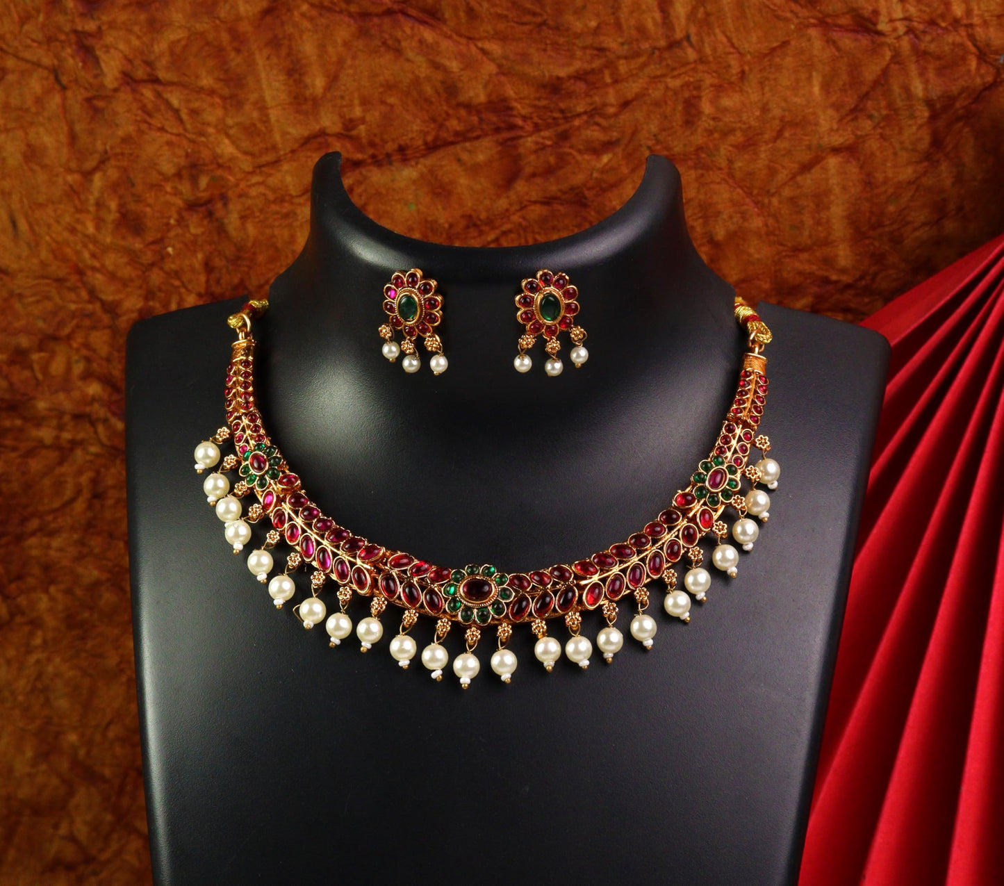 CUTE GOLD Antique Oxidised Plating Necklace With Earring For Women and Girls | Antique Temple Necklace Set for Women & Girls (AN-360)