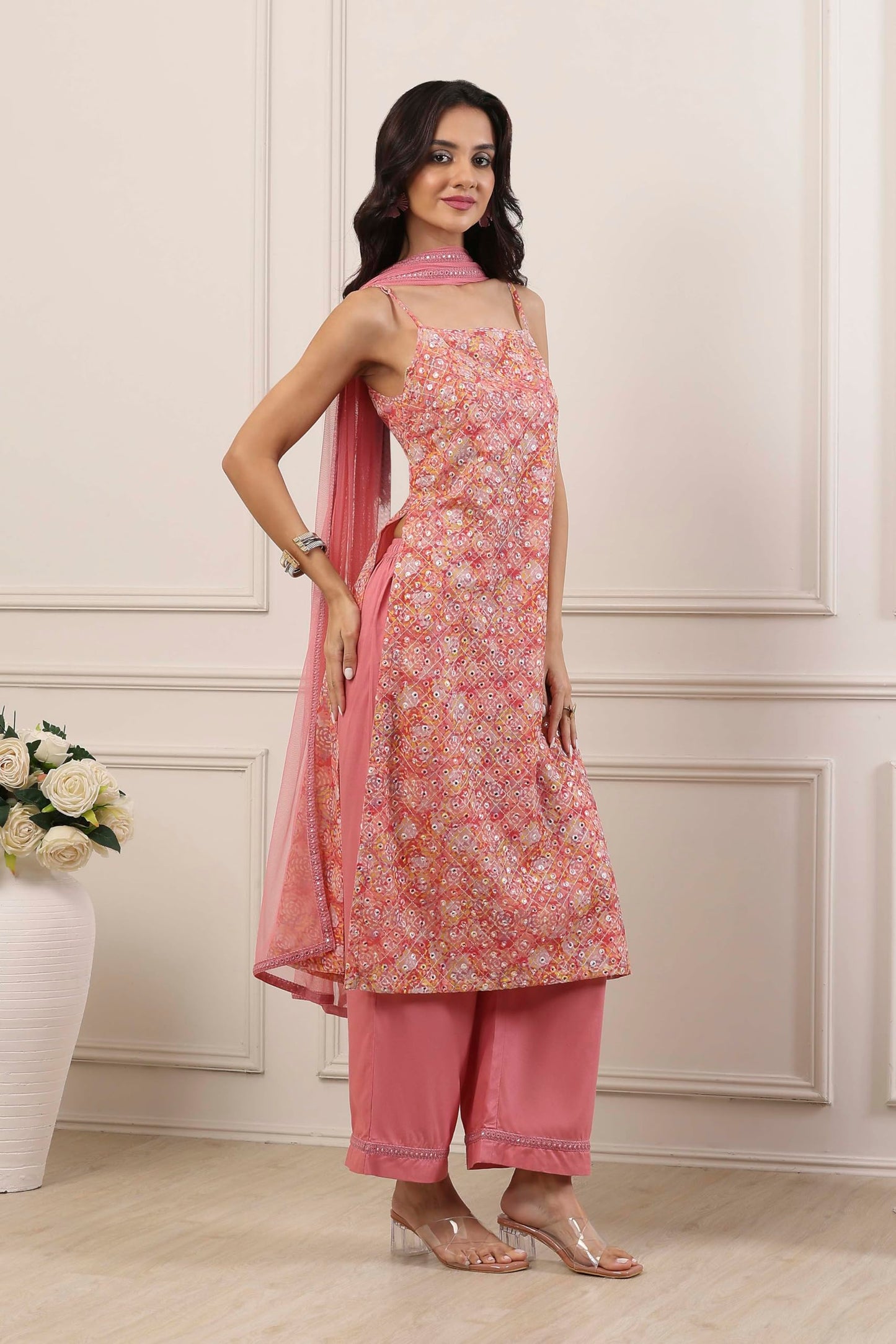 Biba Women Peach Poly Georgette Straight Suit Set_30