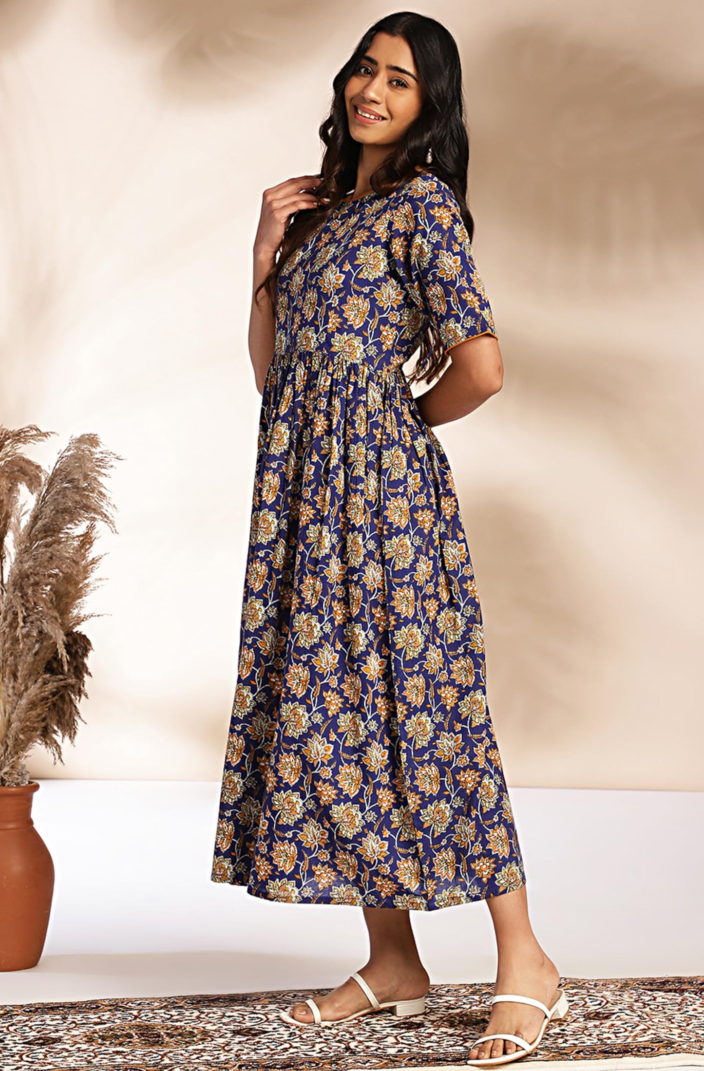 Janasya Women's Dark Blue Cotton Floral Printed Gathered Maxi Dress(JNE4369-DR-M)