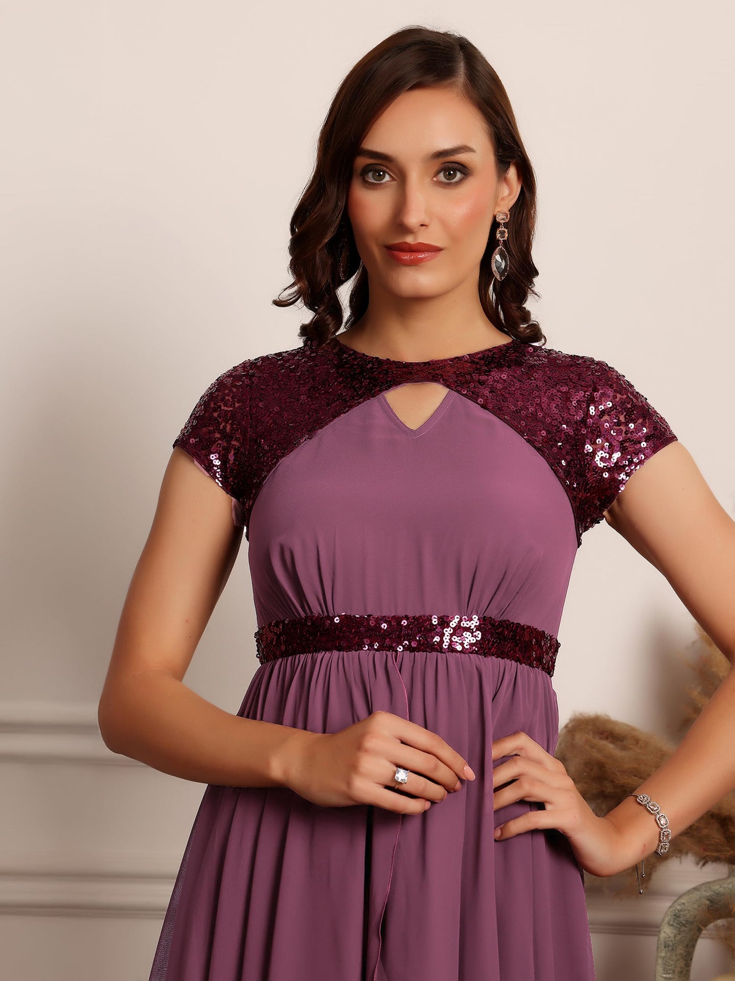 Miss Chase Womens Keyhole Short Sleeve Embellished Layered Georgette Maxi Dress (MCSS23D06-67-271-04, Mauve, M)