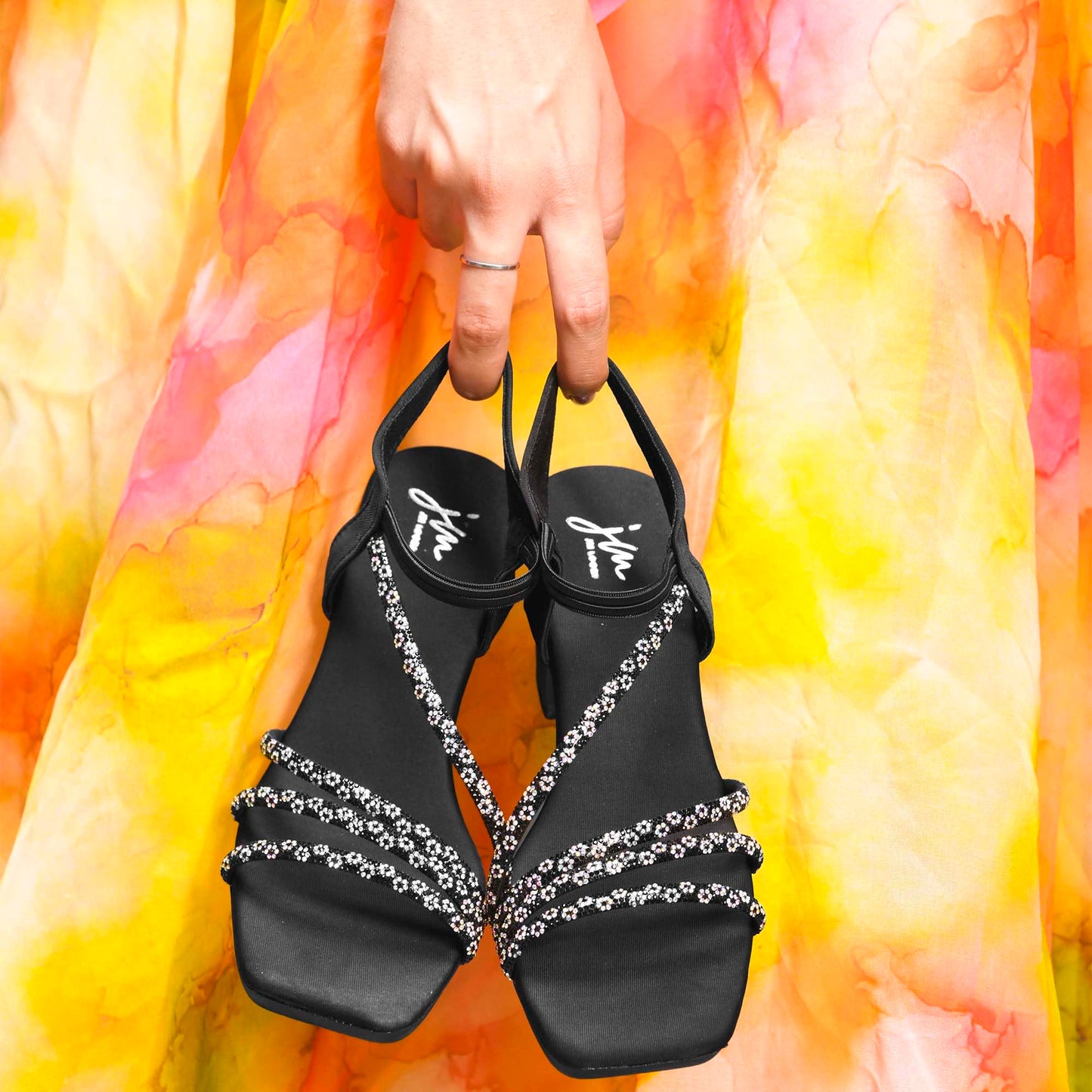 JM LOOKS Women's Sandal Strappy Embellished Heels Ankel Strap Square Toe Lightweight Comfortable Stylish for Wedding Party Festivel Occasion - Black