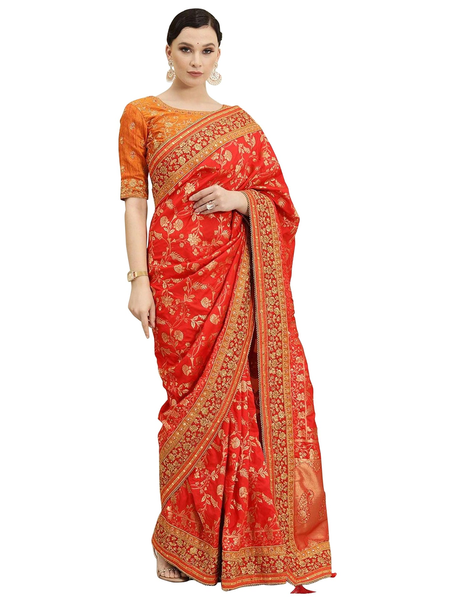 TRENDMALLS Women's Pure Silk Embroidery Work Saree with Unstitch Blouse Piece (K1112-Red)