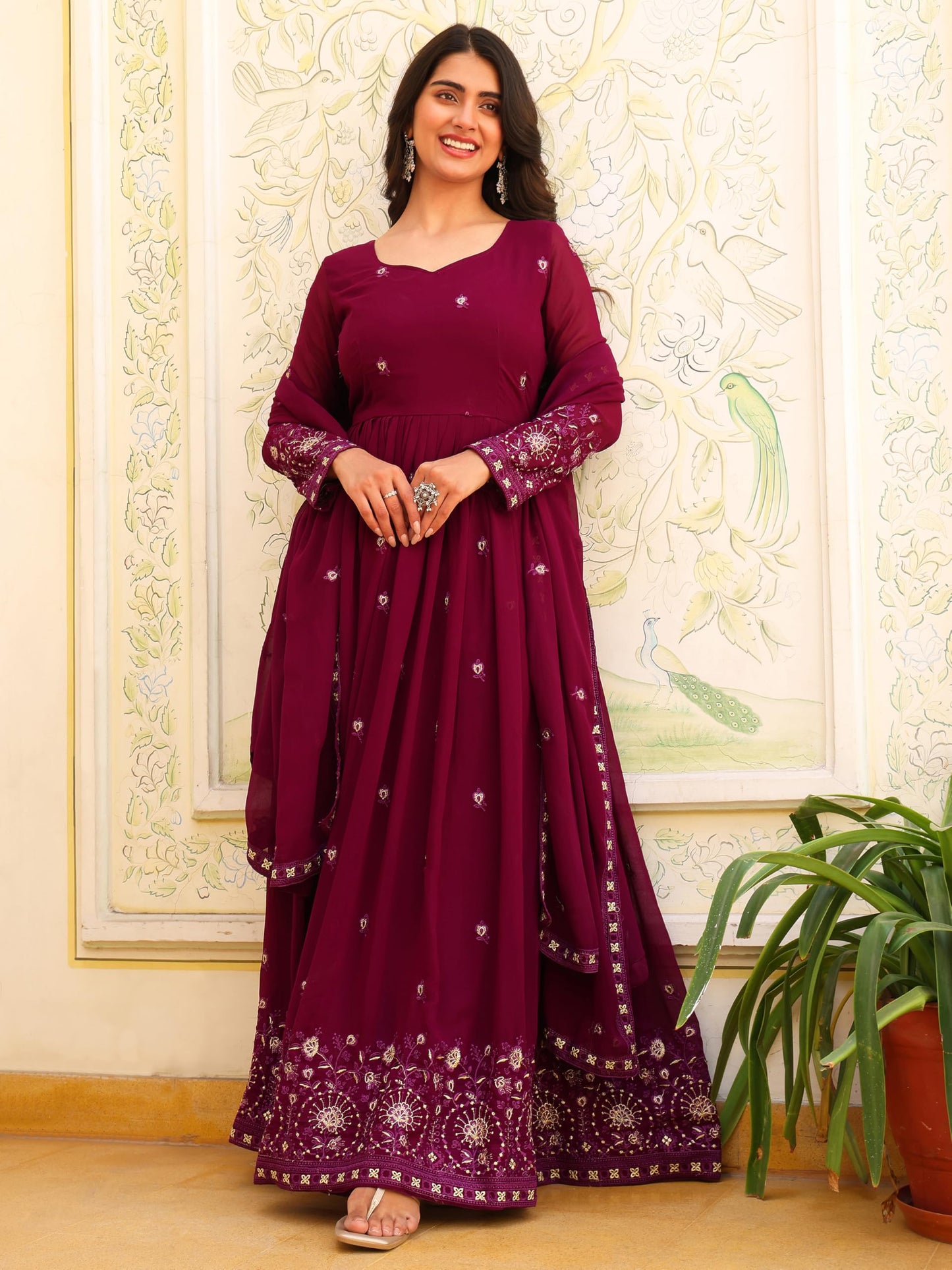 Fashion Basket Georgette Embroidered Anarkali Dress for Women Purple