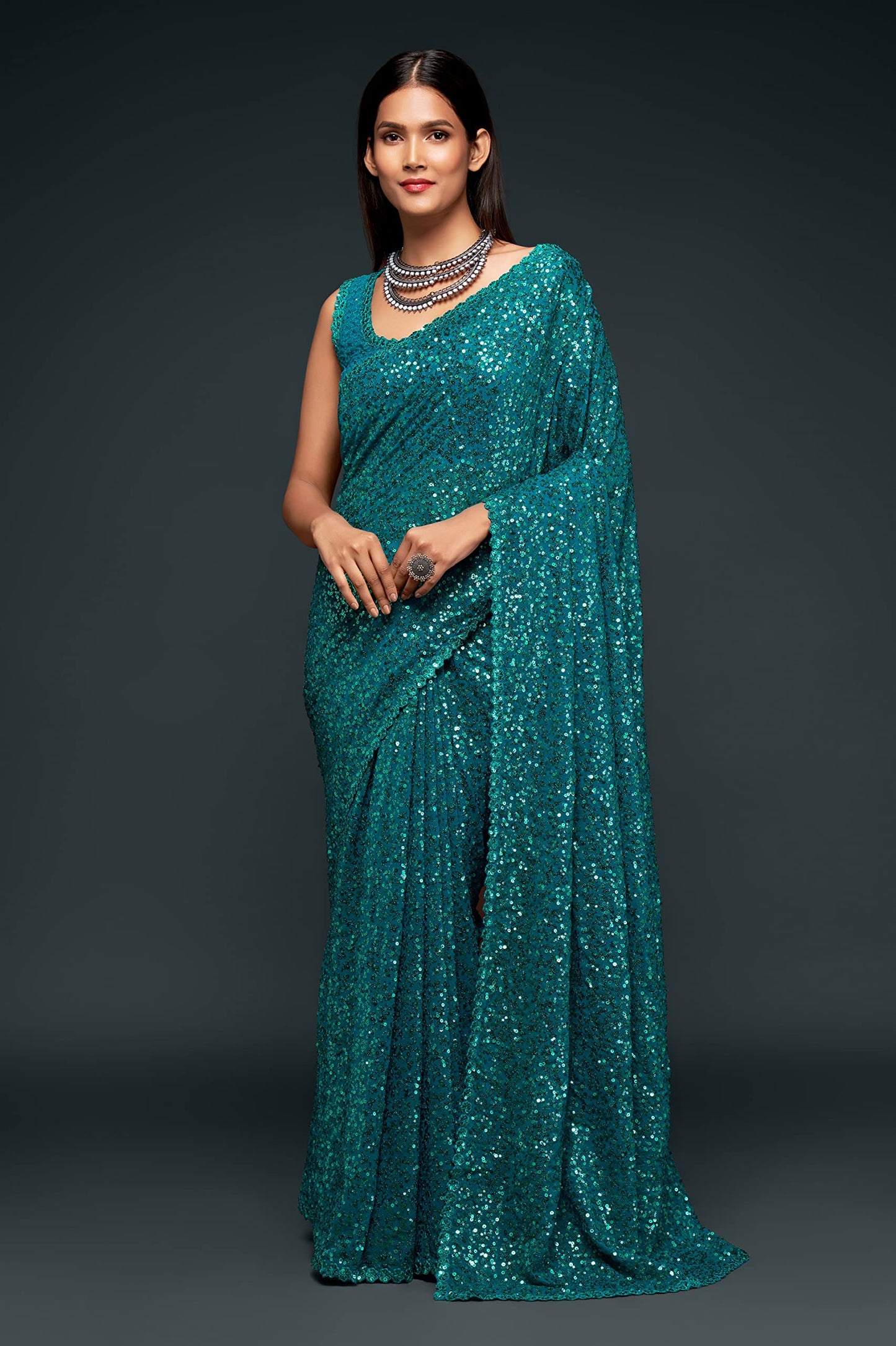 TRENDMALLS Women's Georgette Sequins Work Heavy Saree with Blouse Piece (Latest-sequins-party-wedding-sarees,Many Colors) (Morpeach)