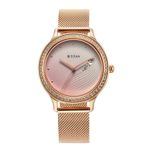Titan Purple Glam It Up Quartz Analog with Date Pink Dial Rose Gold Stainless Steel Strap Watch for Women - NT2634WM05