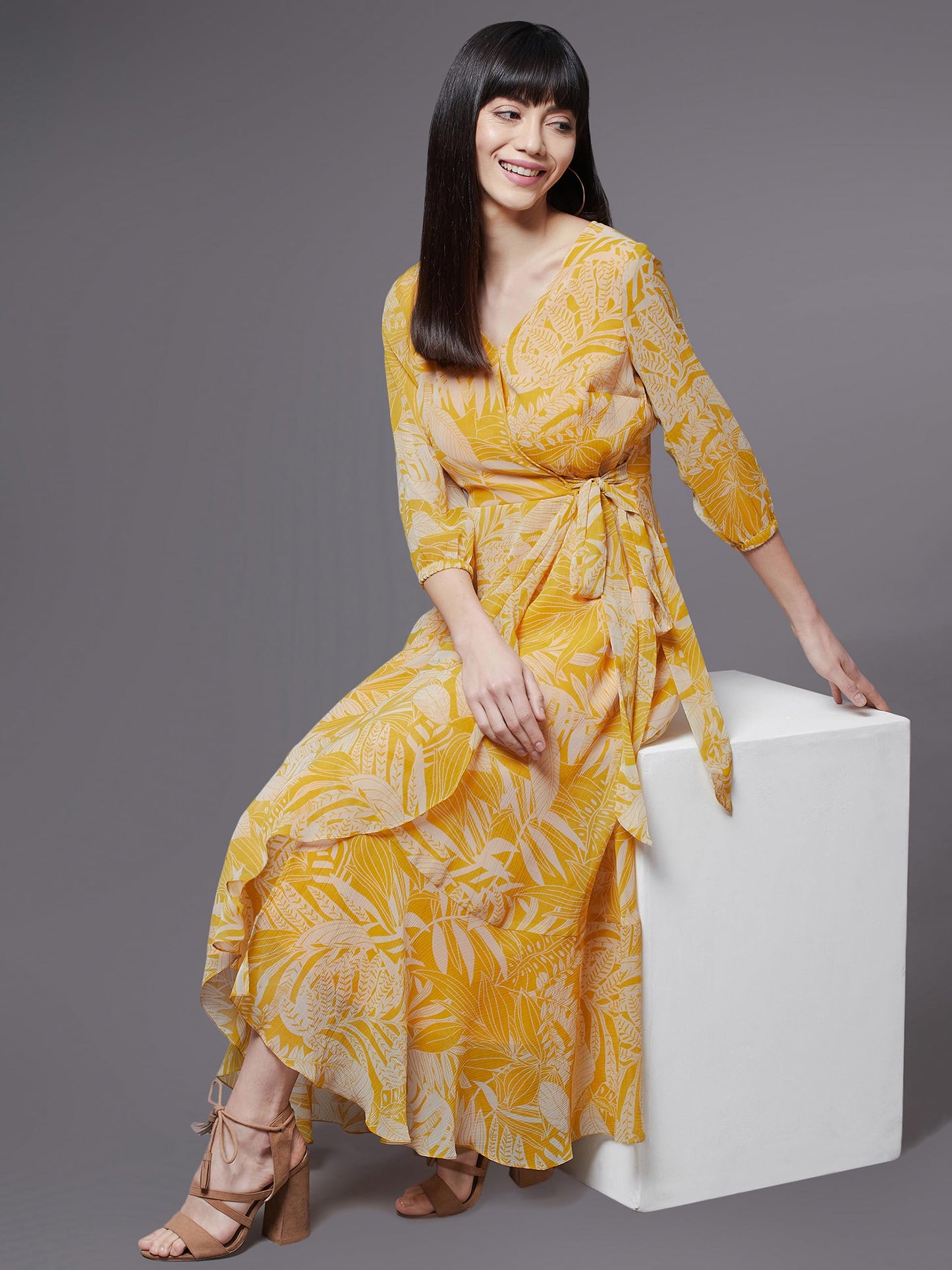 Miss Chase Women's Yellow & White V Neck Full Sleeve Floral Layered Maxi Dress (MCAW21D14-94-37-02, Yellow & White, XS)