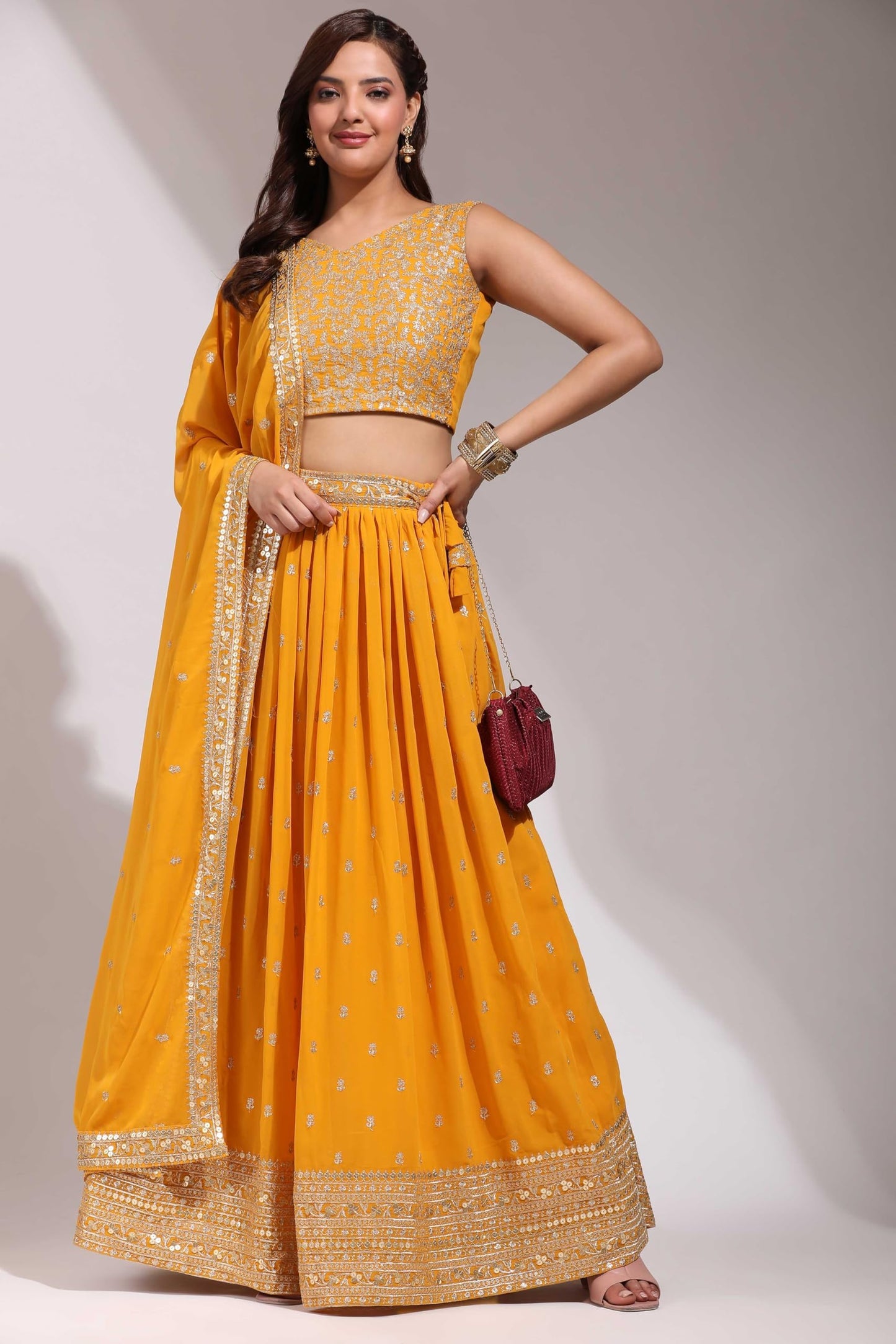 Fabcartz Womens Embroidered Georgette Lehenga Choli with Sequins Work (Yellow)
