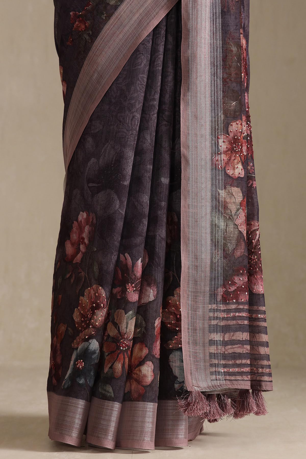 Soch Womens Wine Linen Floral Print Saree With Sequins