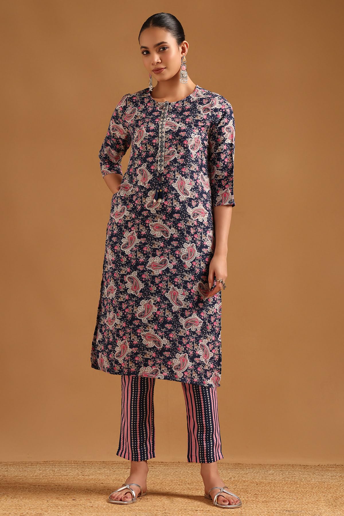 Soch Womens Blue Polyester Paisley Print Salwar Suit With Faux Mirror