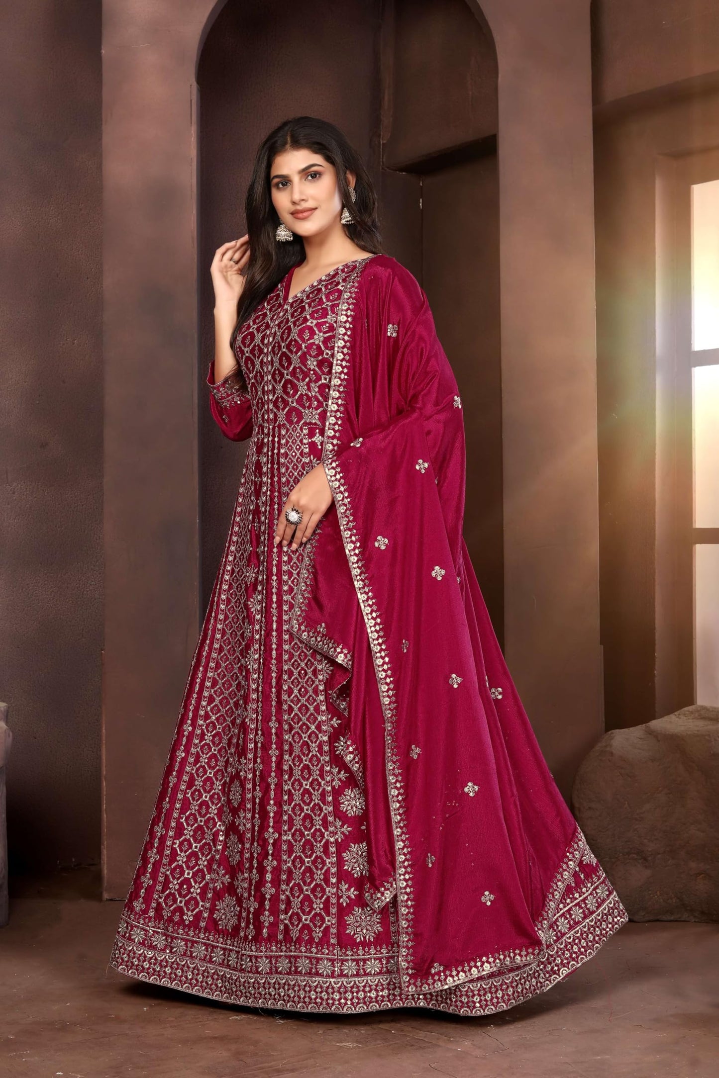 Miss Ethnik Women's Maroon Chinon Stitched Gown with Dupatta Full Sleeve Embroidered A-Line Gown (ME-1236-Maroon-M)