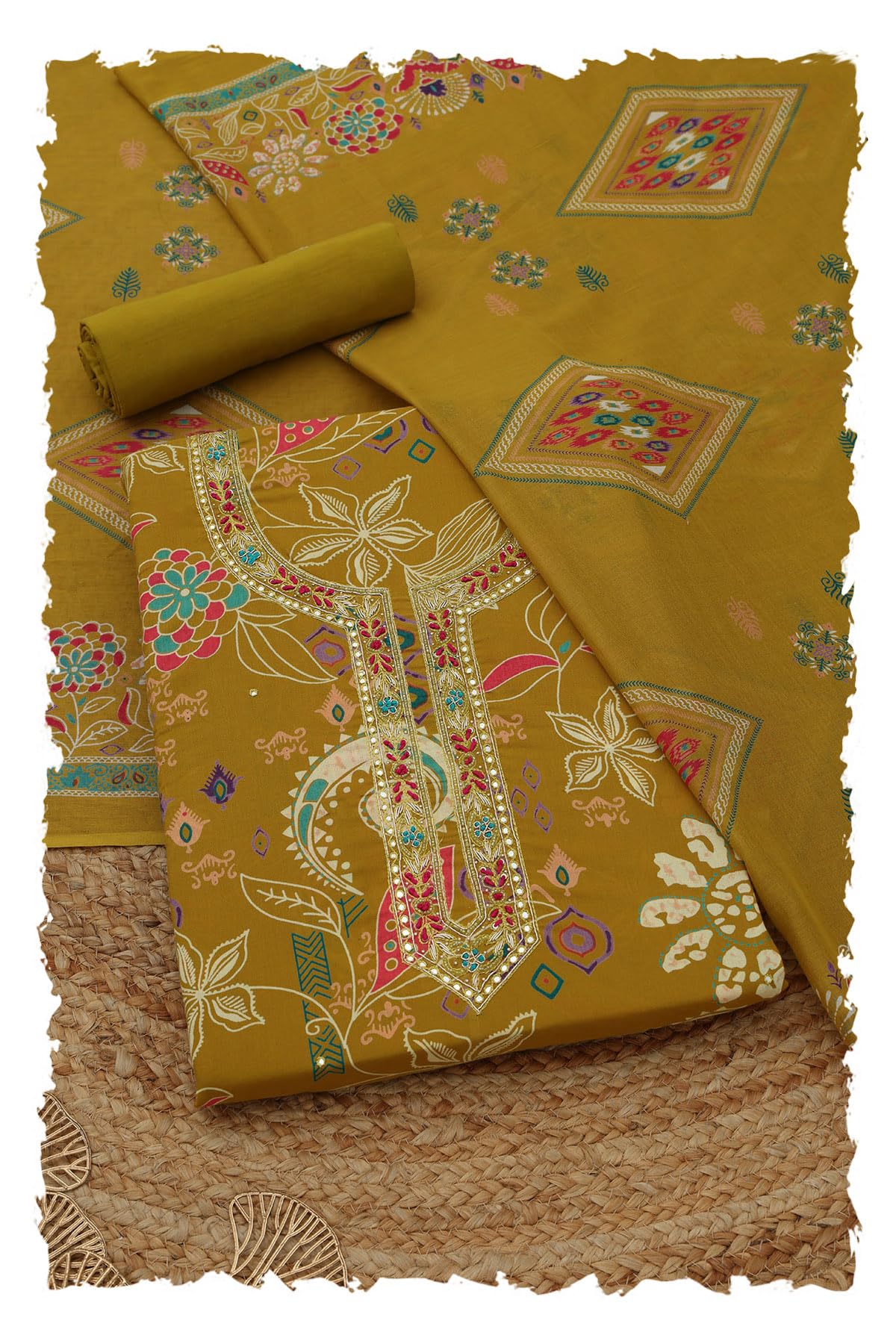 Soch Womens Mustard Cotton Floral Dress Material With Beads