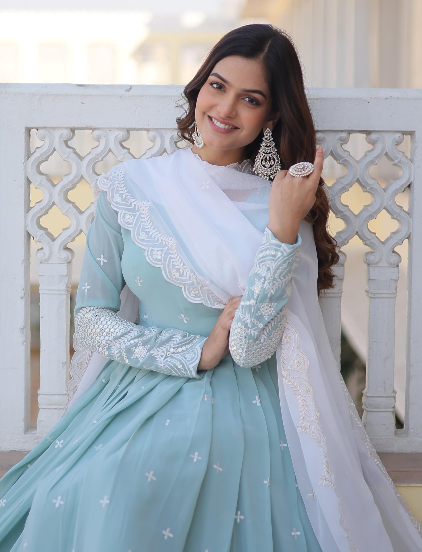 Fashion Basket Blue Women's Faux Georgette Anarkali Gown with Dupatta (XX-Large)