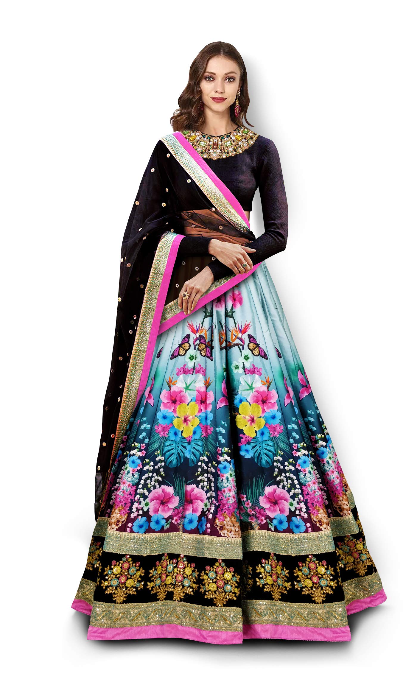 Zeel Clothing Women's Velvet & Silk Semi stitched Lehenga Choli (7005-ZC-Wedding-Bridal-Latest-Design_Black_Free Size)