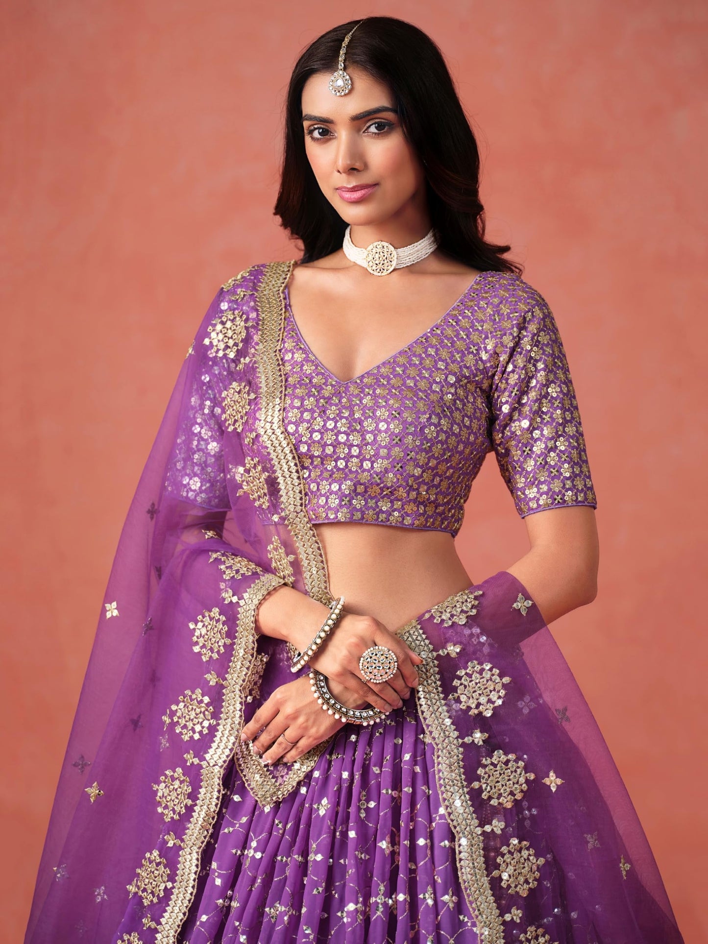 Zeel Clothing Women's Sequins Zari Embroidered Georgette Lehenga Choli With Dupatta (7086-Women-Lehenga-Choli-Latest, Free size) (Purple)