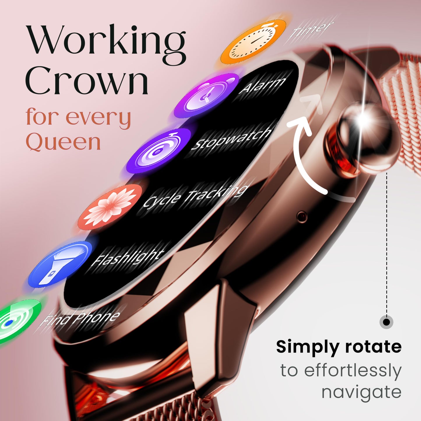 GOBOULT Newly Launched Alora Smart Watch 1.19'' AMOLED Display, BT Calling, Rotating Bezel, 150+Watchfaces, 800 Nits Brightness, AI Voice Assistant, SpO2 Monitoring, 120+ Sports Mode (Rose Gold)