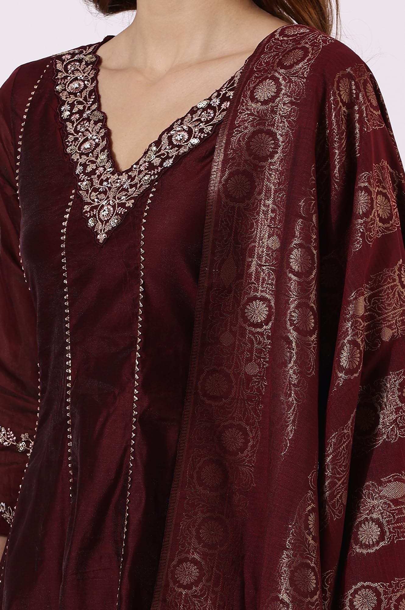 W Maroon A-line Kurta, Straight Pant & Dupatta for Women (Size: 2XL)-24AUWS11183-222470