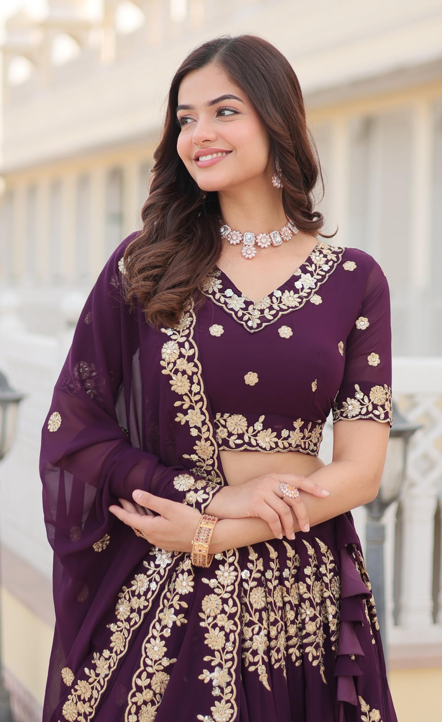 Fashion Basket Georgette Embroidery Stiched Lehenga Choli Duptta Set for Women (Wine, Free)