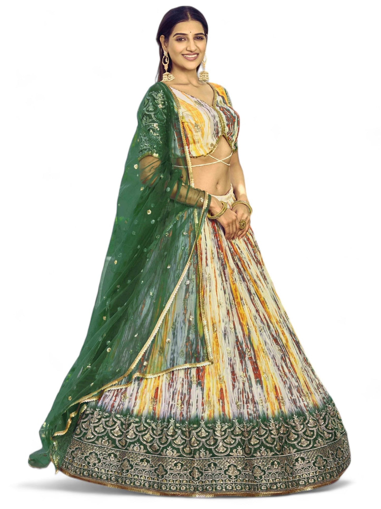 Zeel Clothing Women's Zari Sequins Embroidered Silk Semi-stitched Lehenga Choli With Dupatta (5051-Green-Womens-Lehenga-Choli-Latest; Free Size)