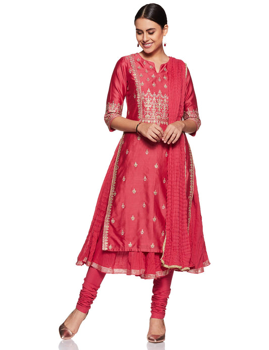 BIBA WOMEN EMBROIDERY FITTED SALWAR KURTA DUPATTA(SKDPRET COL6180_CORAL_36)