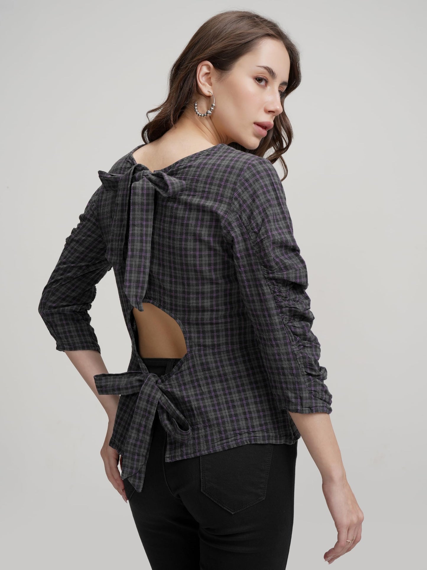 Tokyo Talkies Women's Checked Pure Cotton Styled Back Top | Boat Neck & 3/4 Sleeves | Comfortable & Stylish | Perfect for Casual Days | Tops for Woman | Women Tops | Stylish Top