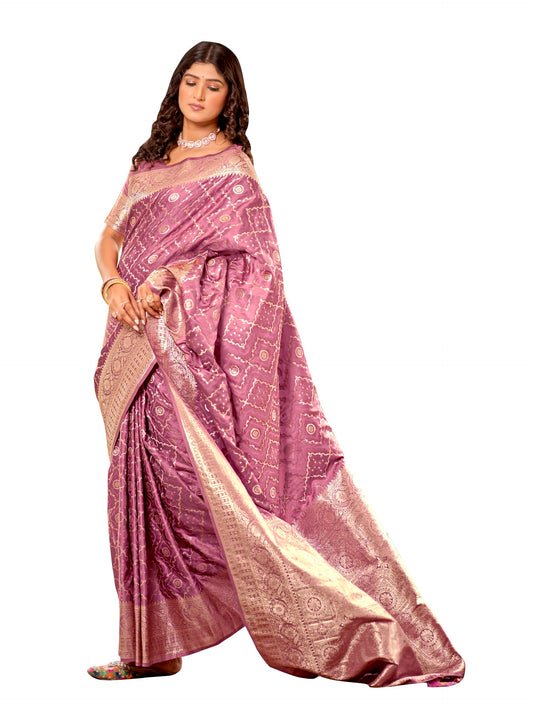 MANOHARI Women's Most Trendy Banarasi Satin Silk Woven Rose Pink Saree With Heavy Jacquard Work Saree With Blouse Piece_MN2030