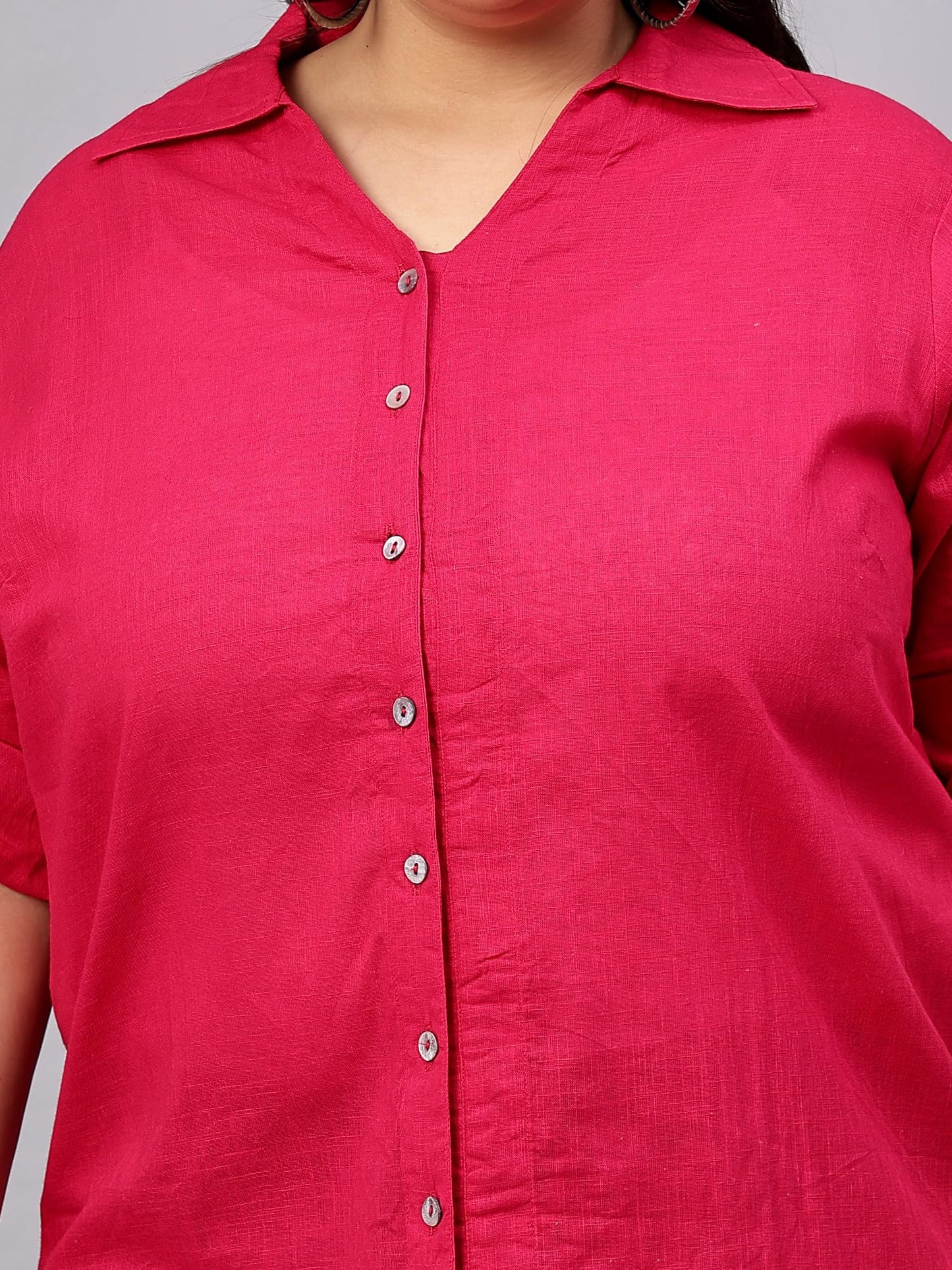 Indietoga Women's Plus Size Cotton Longline Casual Shirt (P10001508_Pink Solid_XL)