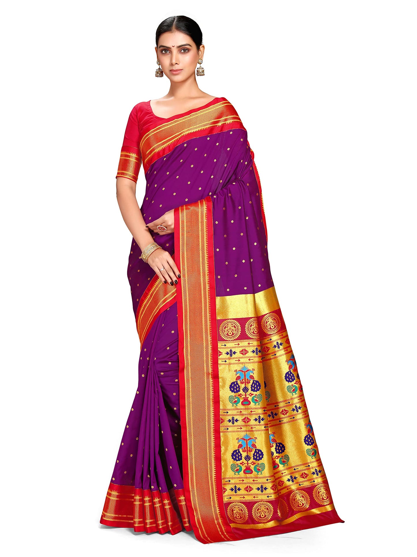 Varkala Silk Sarees Women's Paithani Soft Silk Kadiyal Maharani Saree With Blouse Piece (V241A104_Purple)