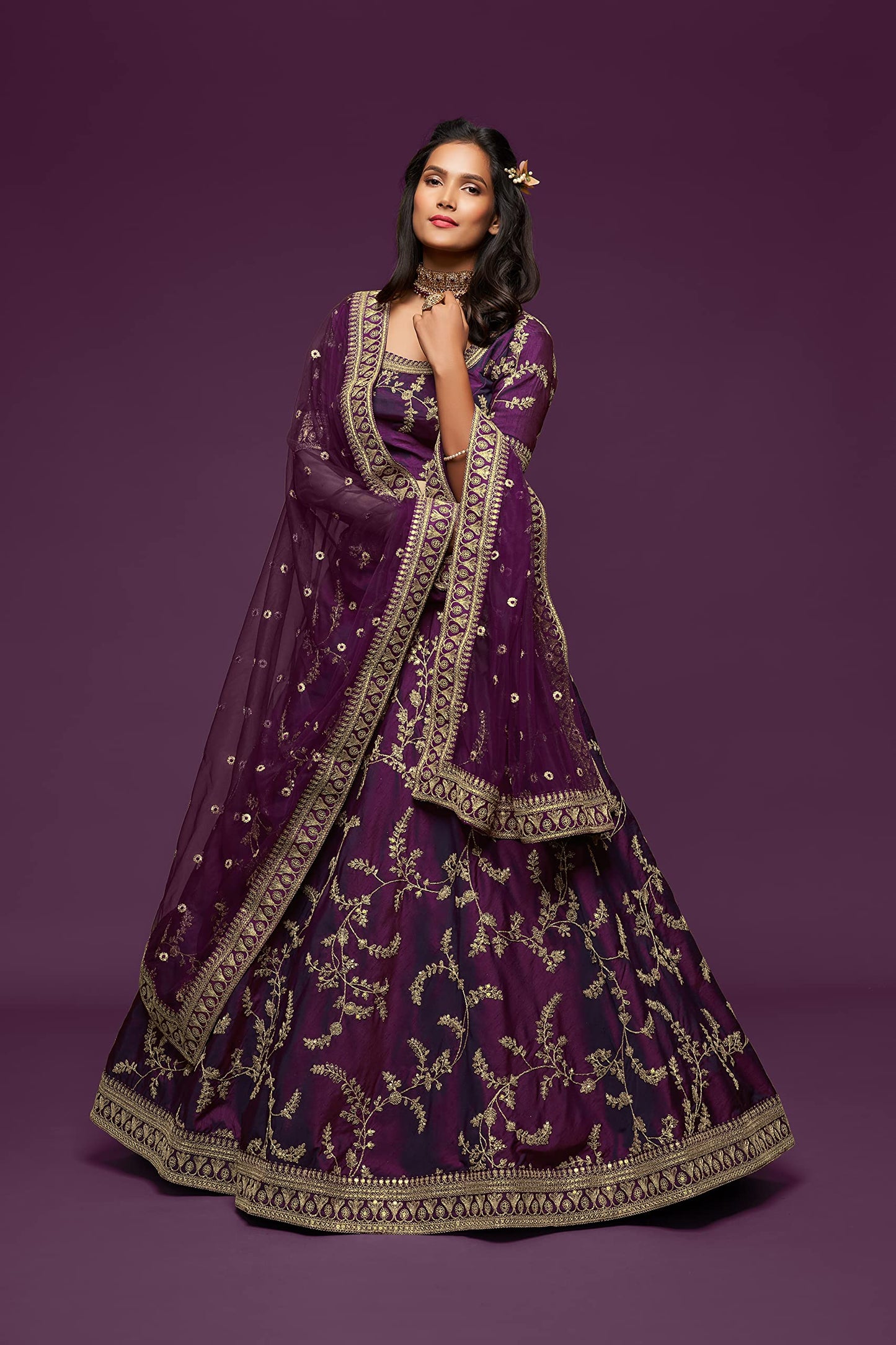 Zeel Clothing Women's Art Silk Semi-Stitched Lehenga Choli with Dupatta (7803-Purple-Wedding-Bridal-Latest-Choli; Free Size) (Purple)