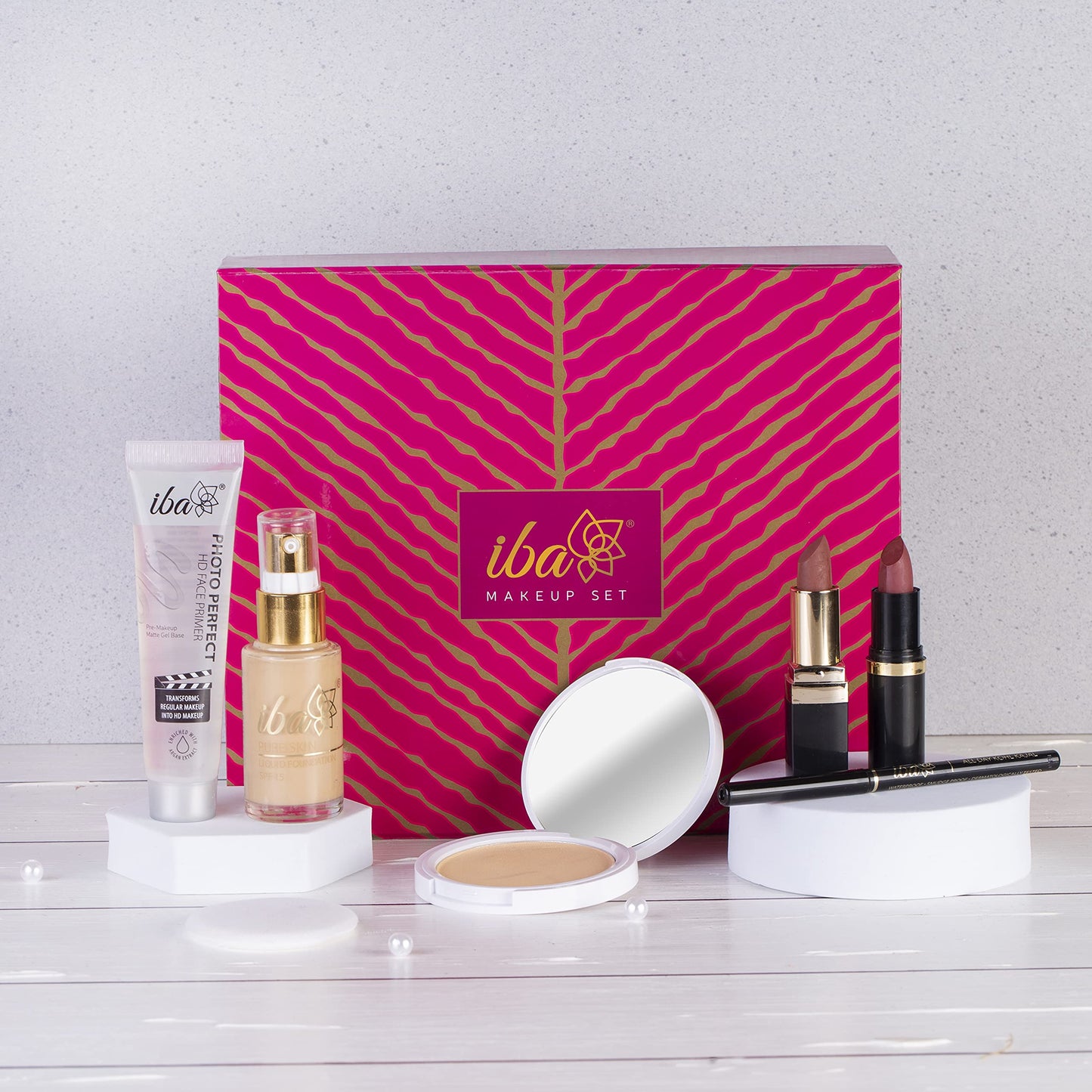 Iba Makeup Gift Set for Women (Medium) - Foundation, Compact, Primer, Lipsticks, Kajal | Long Lasting | Full Coverage | 100% Vegan & Cruelty-Free (6 items in the set)