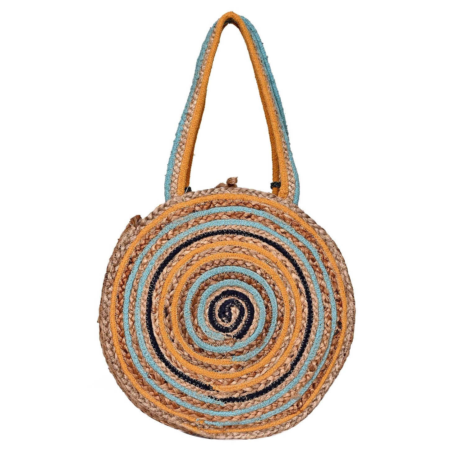 Boho Girl Sunset Stripe Woven Jute Tote | Round Tote for Women | Eco-Friendly Jute Bags | Jute Carry Bag | Multipurpose Hand Bag with Handle | Handmade Bags for Daily Use