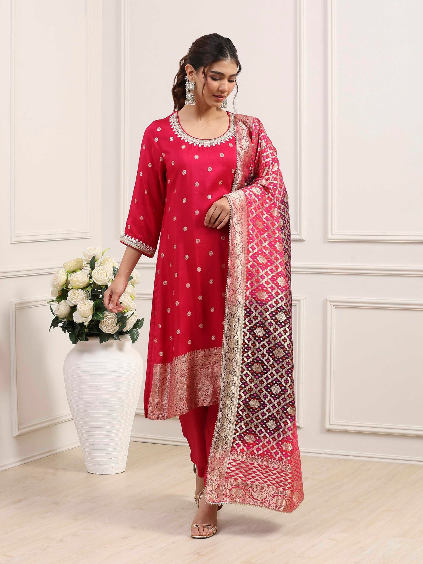 Biba Women Pink Viscose Rayon Straight Suit Set_38