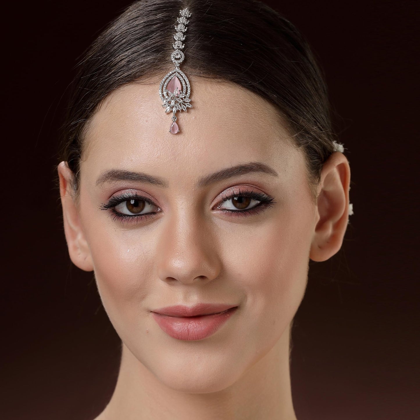 Zeneme Rhodium Plated Designer American Diamonad Tear Drop Crytal Studded Silver Toned Maang Tikka for Women and Gifts for Girls (Pink Constellating Spark Maang Tikka)