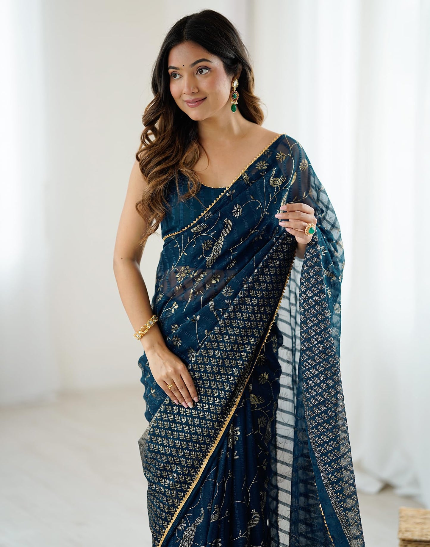 SIRIL Women's Georgette Foil with Floral Print & Weaving Saree with Unstitched blouse (4742S822_Blue)
