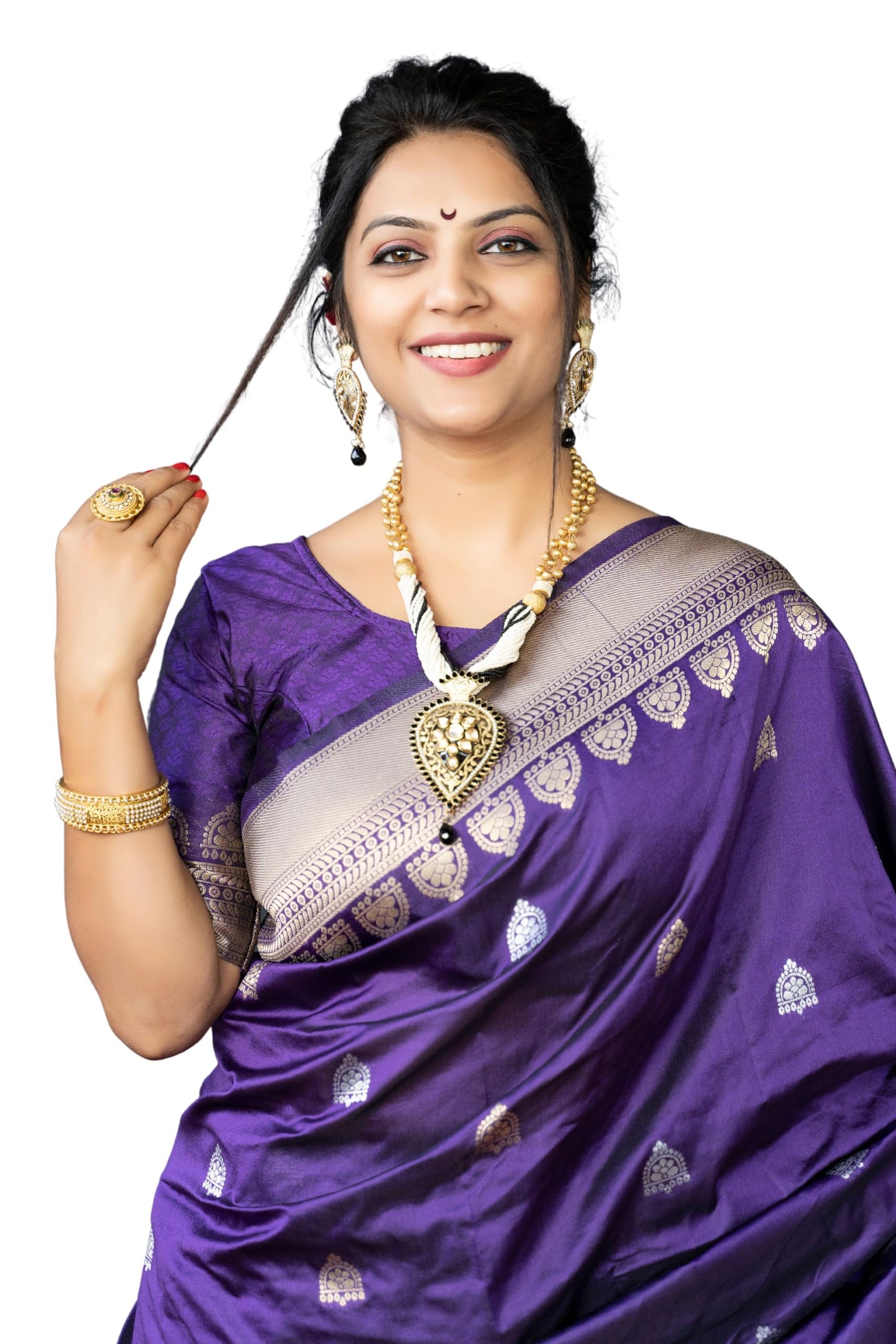 AMIRAT Women's Banarasi Silk Saree With Golden Zari Woven With Blouse Piece (Purple)