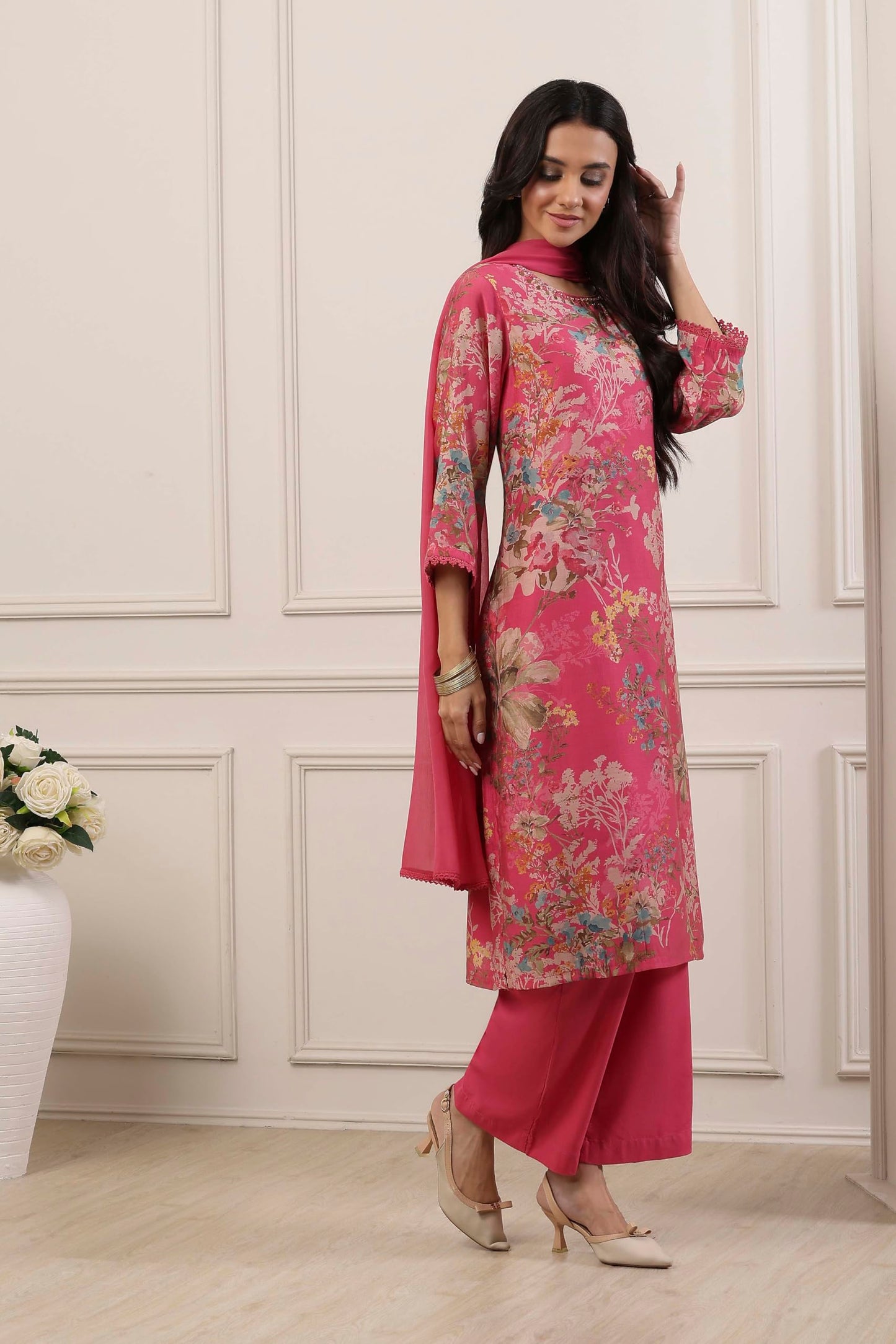 Biba Women Pink Cotton Blend Straight Suit Set_34