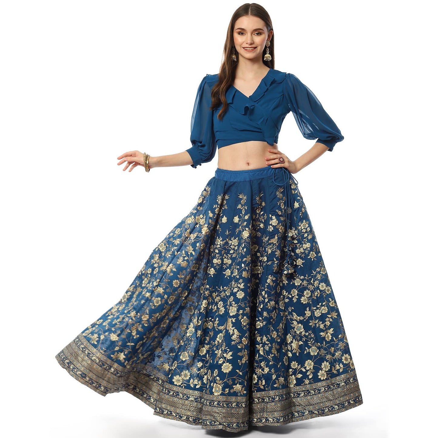 BIBA Women's Blue Art Silk Lehenga Set